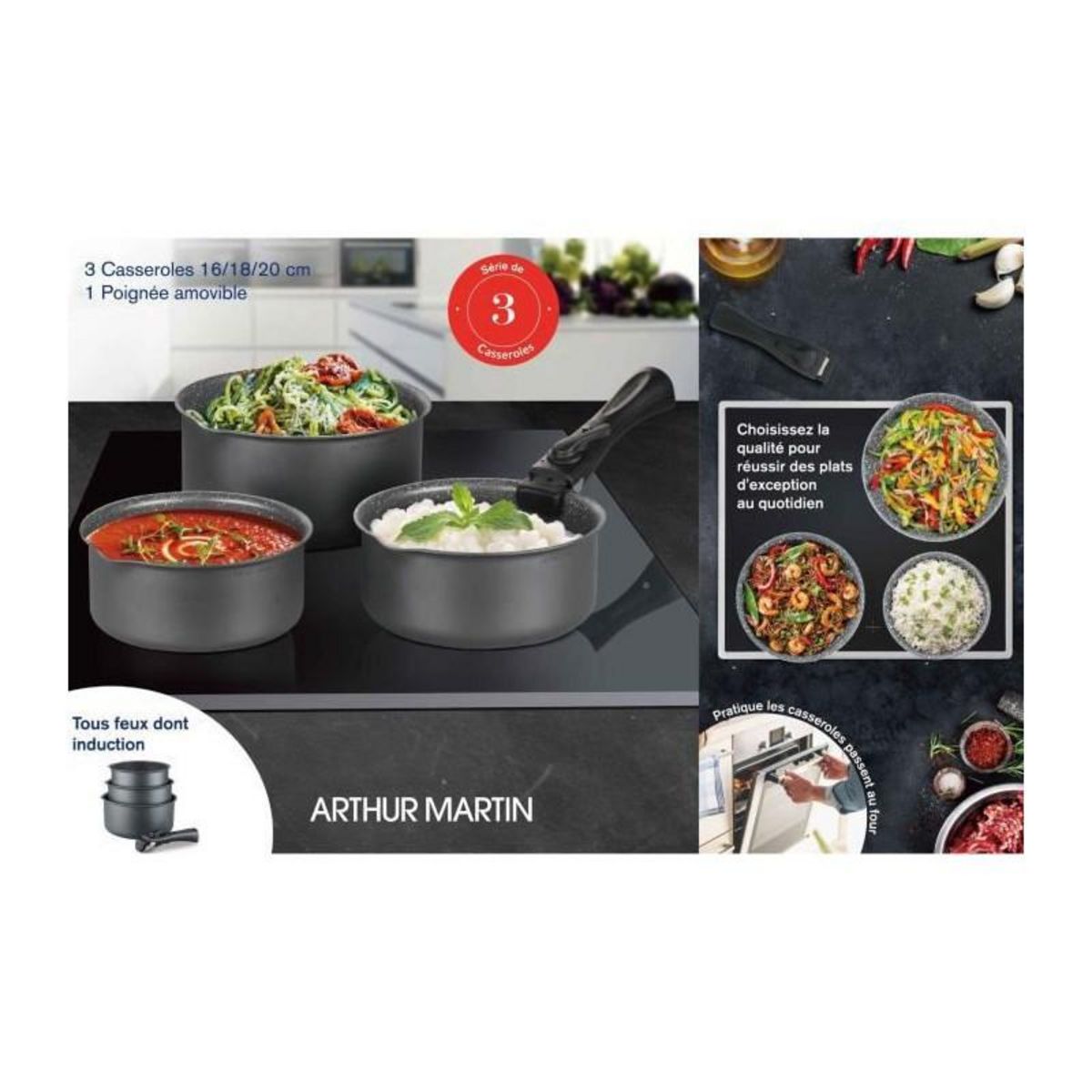 Arthur Martin Batterie de cuisine ARTHUR MARTIN AM777GM Set de 3 casseroles - Gris Mat 16-18-20 cm + 1 poignée amovible - Tous feux dont indu