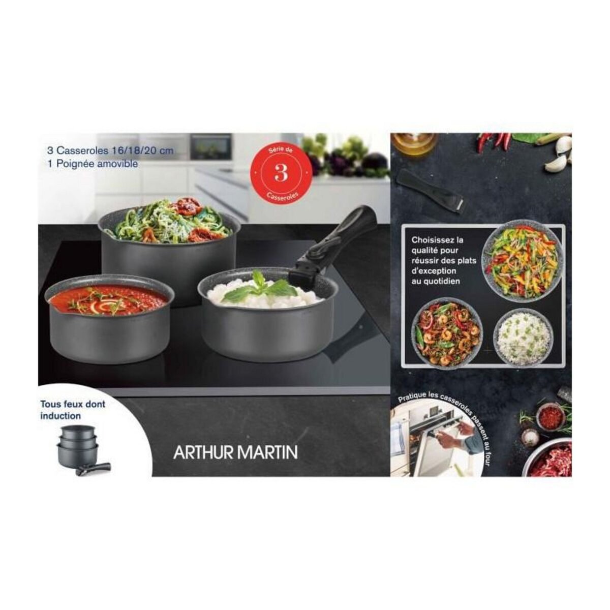 Arthur Martin Batterie de cuisine ARTHUR MARTIN AM777GM Set de 3 casseroles - Gris Mat 16-18-20 cm + 1 poignée amovible - Tous feux dont indu