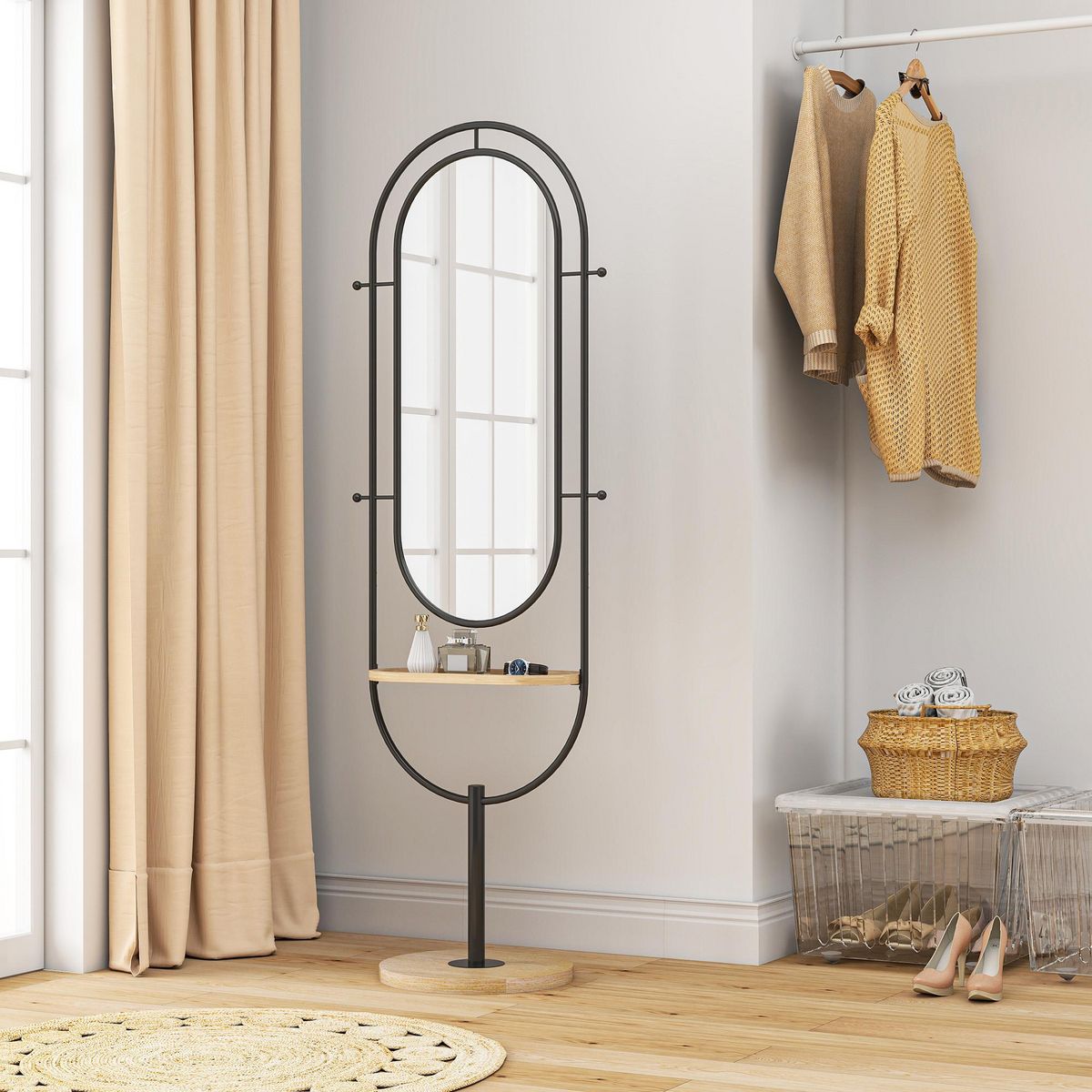 HOMCOM Miroir étagère design H.175 cm - miroir sur pied - tablette, 4 patères - métal noir bois hévéa verni naturel