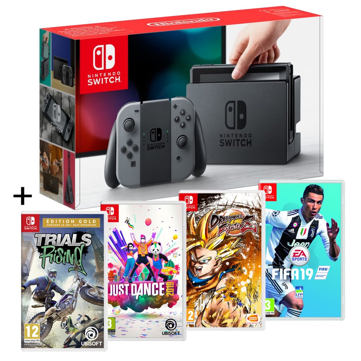 Console Nintendo Switch Grise + Trials Rising + Just Dance 2019 + Dragon Ball FigtherZ + FIFA 19