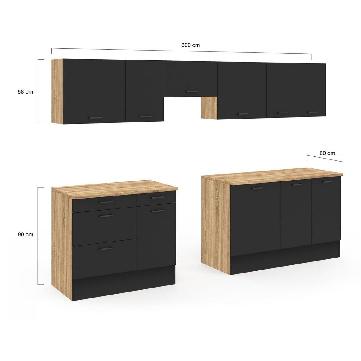ID MARKET Cuisine complète casserolier 300 cm SUBTIL avec plan de travail 9 éléments bois et noir