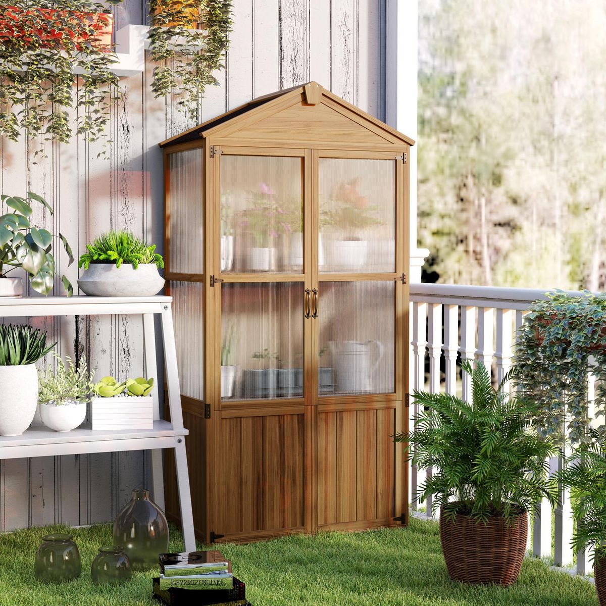 OUTSUNNY Armoire de jardin en bois - 2 portes, 2 étagères, toit bitumé - dim. 94 x 55 x 178 cm - sapin pré-huilé polycarbonate