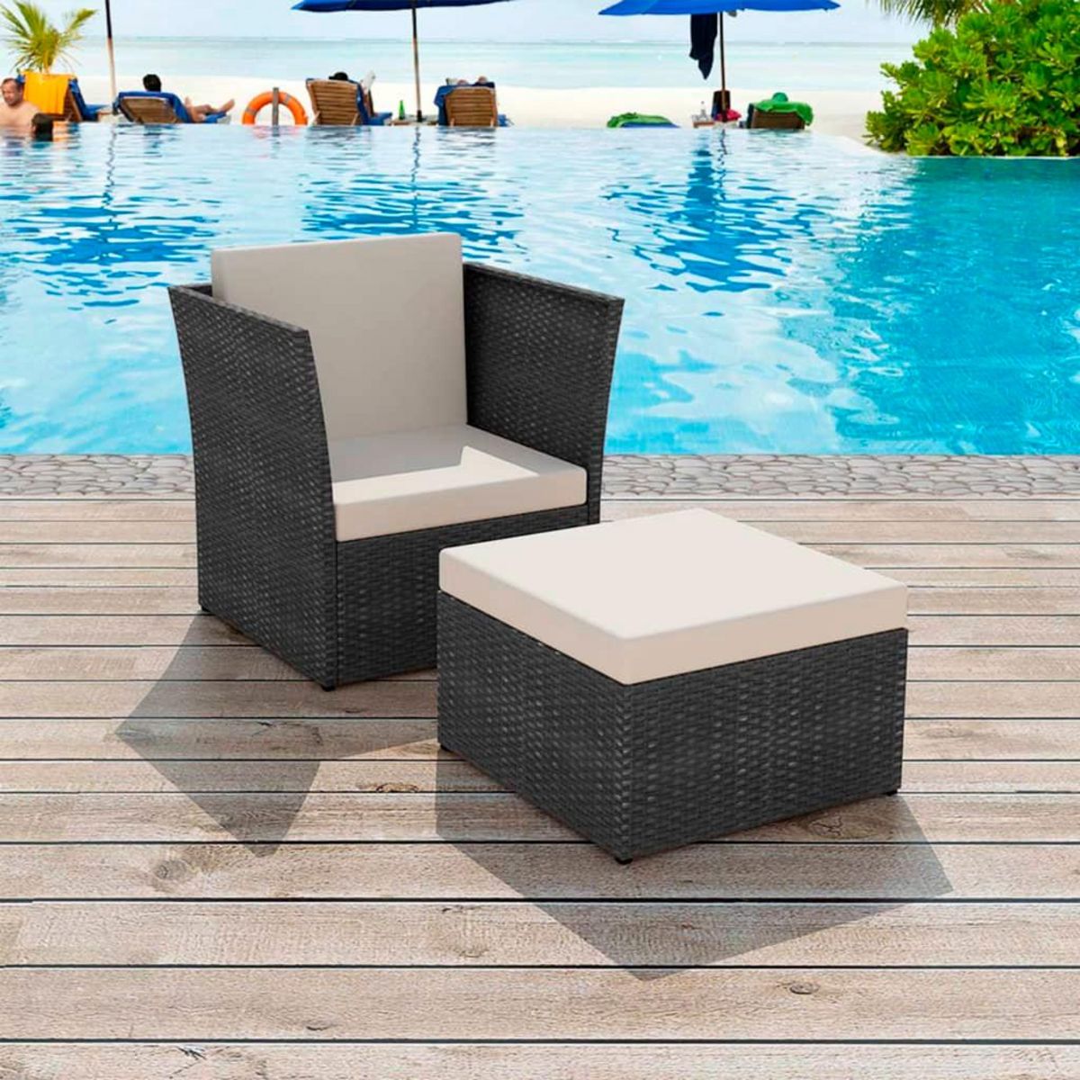VIDAXL Chaise de jardin avec tabouret Noir Resine tressee