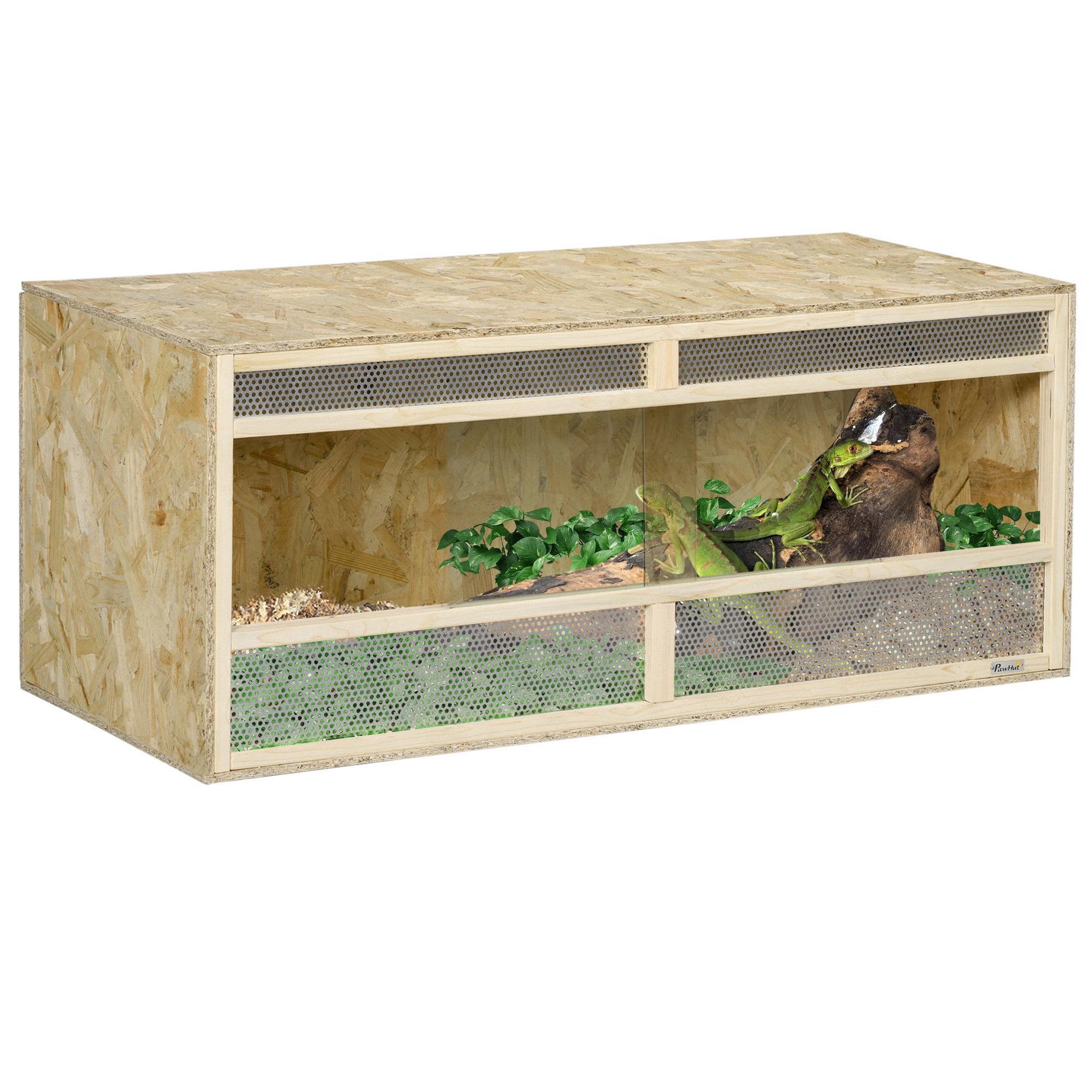 PAWHUT Terrarium - vivarium reptiles & batraciens - 2 portes coulissantes verre trempé - parois frontales maillées - OSB métal