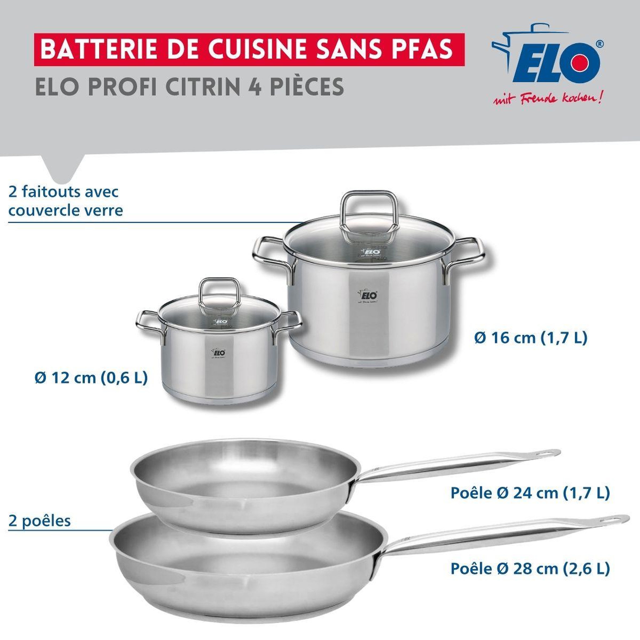 Voir la diapositive 2 : ELO Set de 2 poêles de cuisson 24 et 28 cm et 2 faitouts 12 et 16 cm elo profi citrin