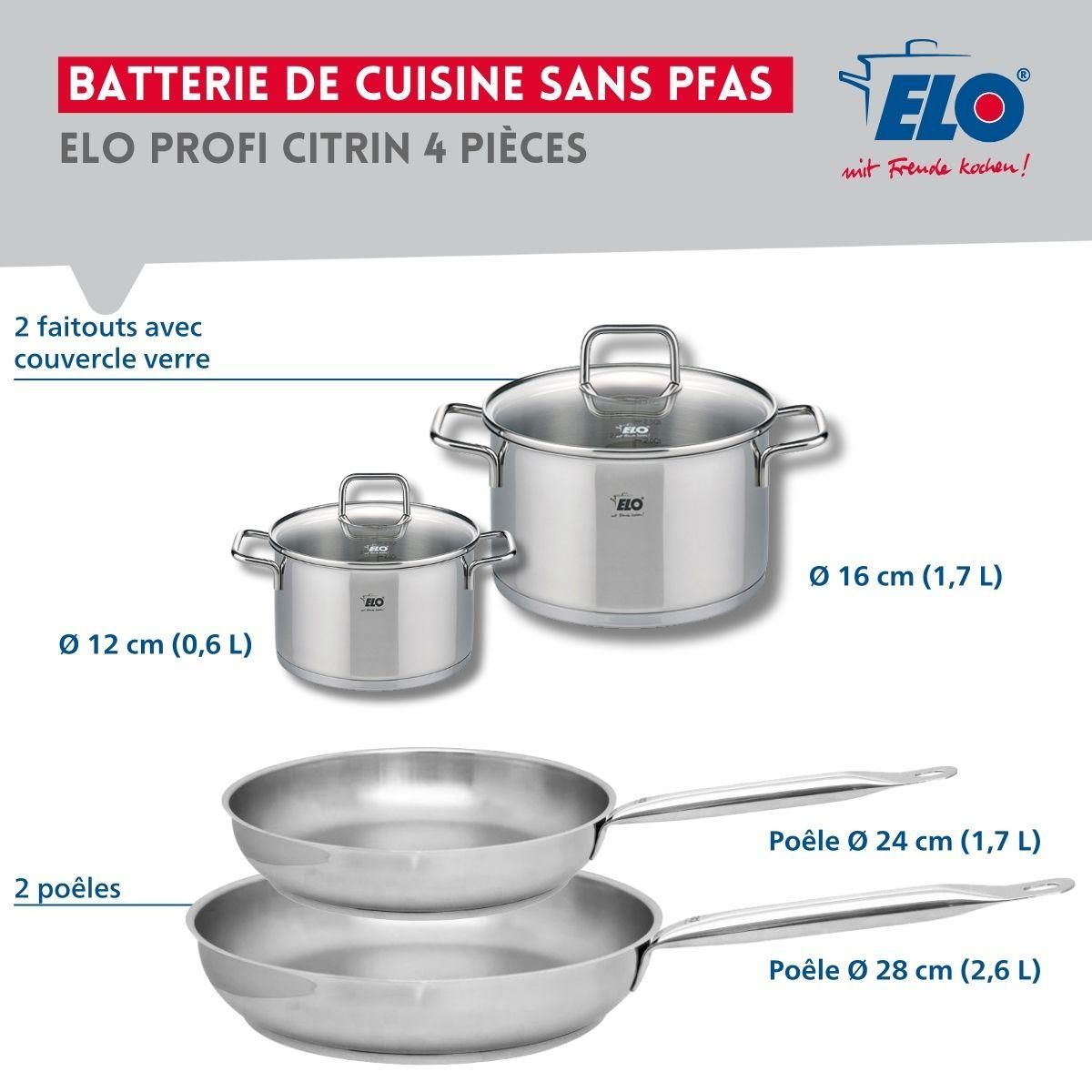 ELO Set de 2 Poêles de cuisson 24 et 28 cm et 2 faitouts 12 et 16 cm Elo Profi Citrin