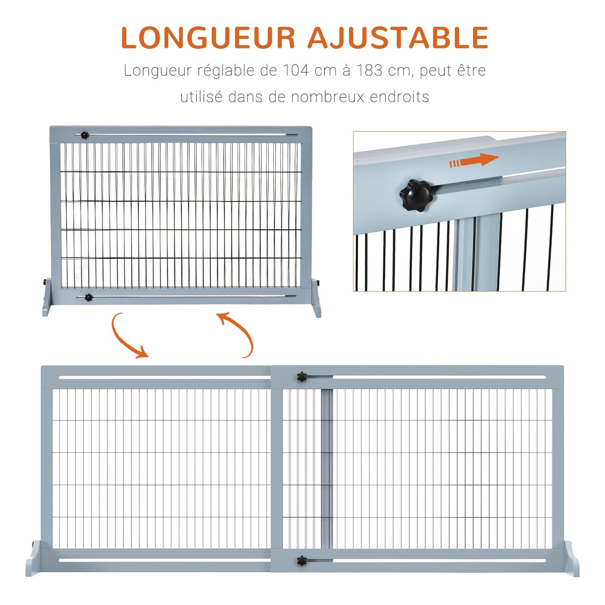 Voir la diapositive 4 : PAWHUT Barrière de sécurité chien barrière autoportante longueur réglable dim. 104-183l x 36l x 69h cm bois pin gris acier noir