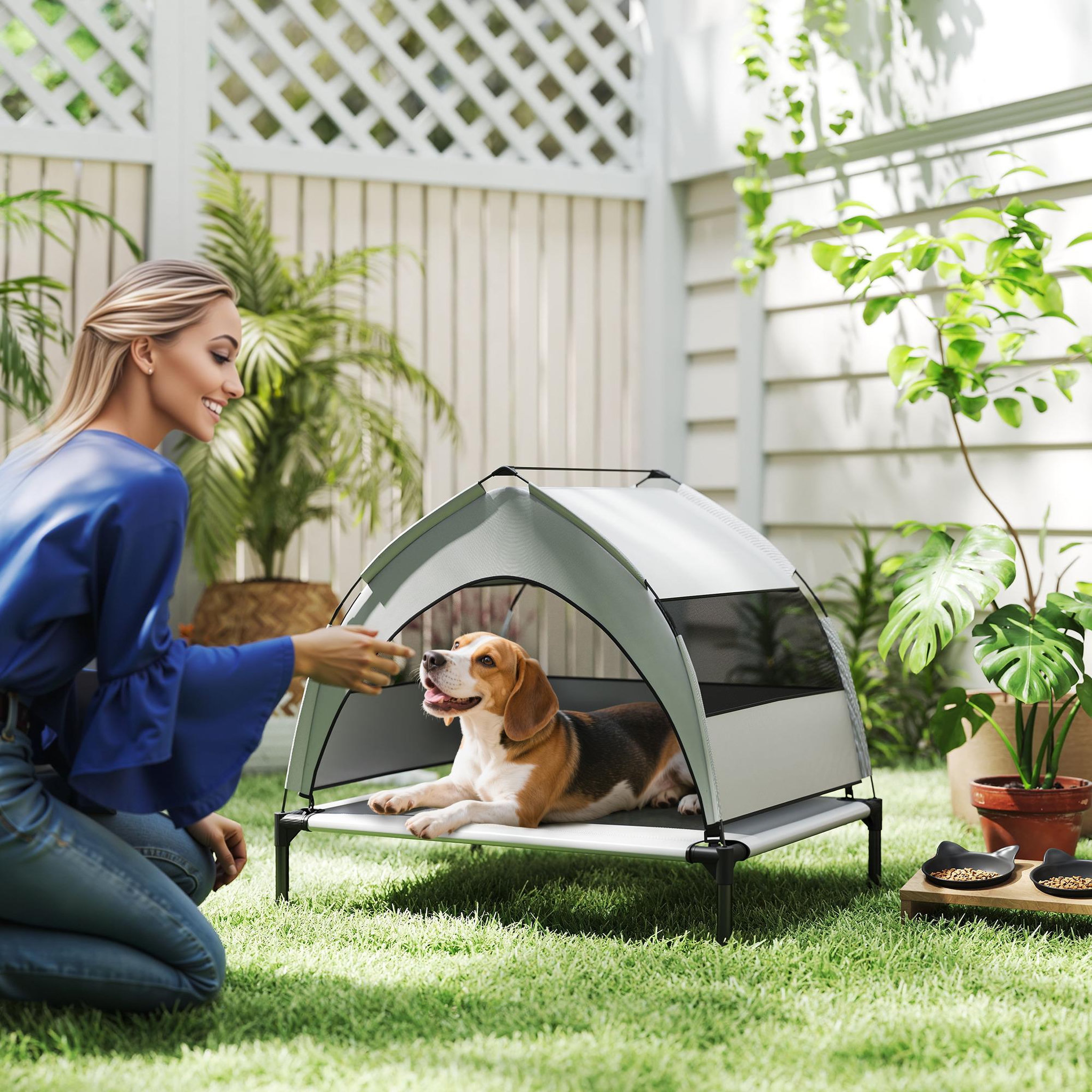 Voir la diapositive 4 : PAWHUT Lit pour chien sur pieds taille M avec auvent gris