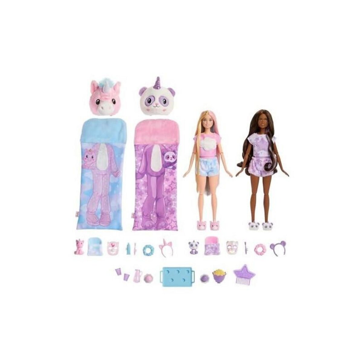 BARBIE Barbie - Cutie Reveal Soirée Pyjama - Coffret rempli de surprises avec 2 poupées articulées et 35+ accessoires