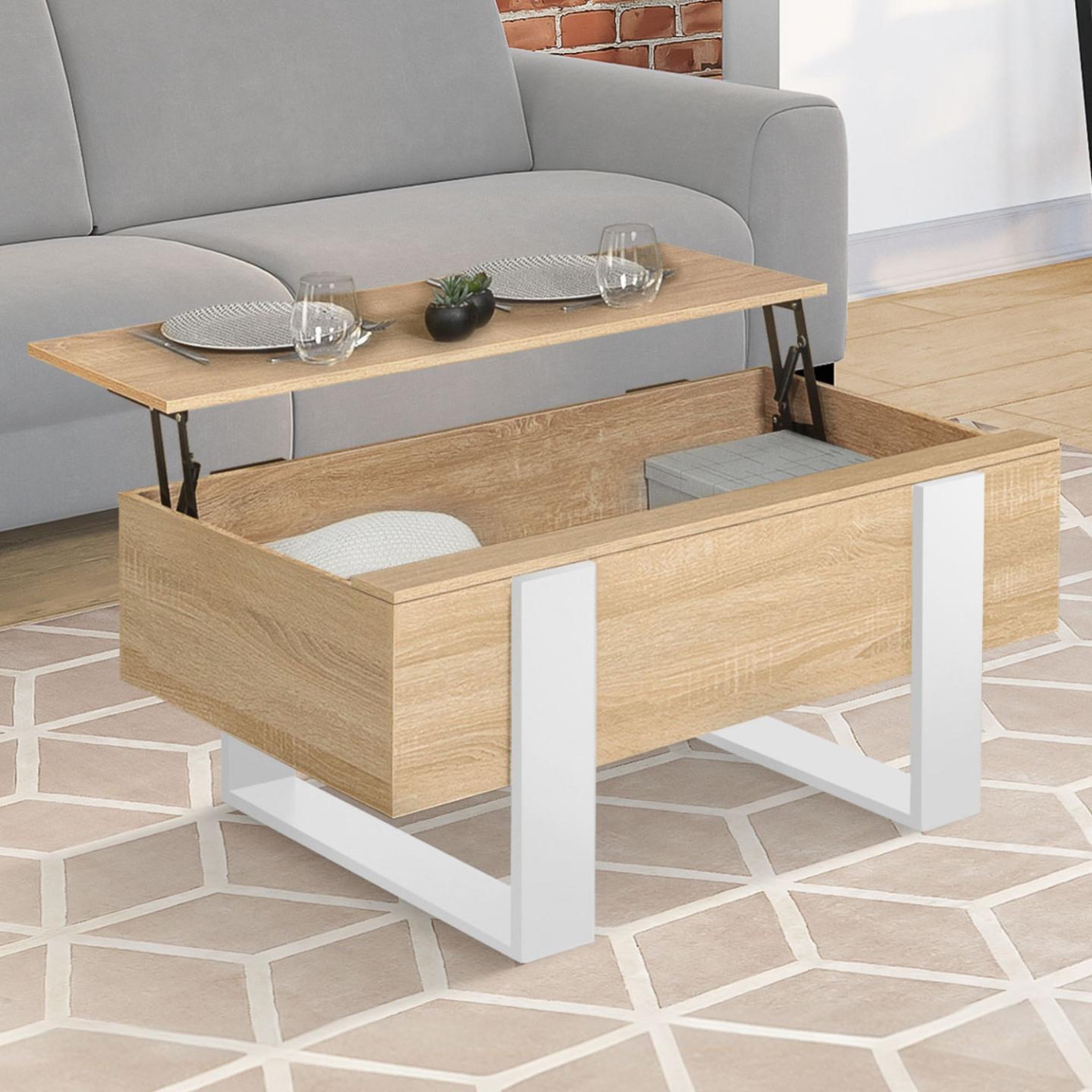 Voir la diapositive 2 : ID MARKET Table basse plateau relevable rectangulaire phoenix bois et blanc