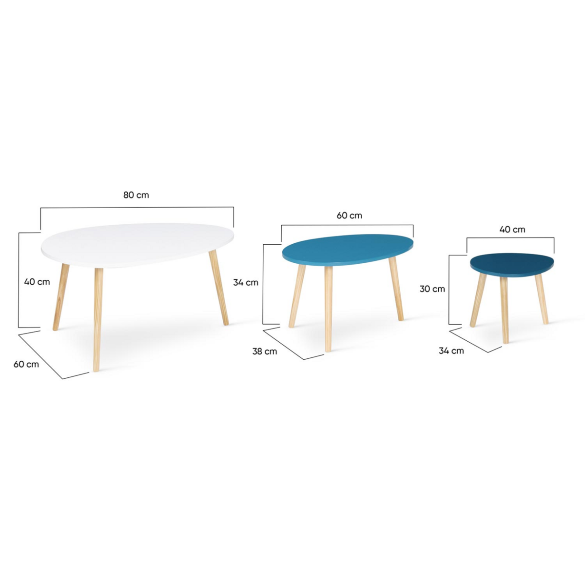 ID MARKET Lot de 3 tables basses gigognes GAIA laquées blanc bleu scandinave