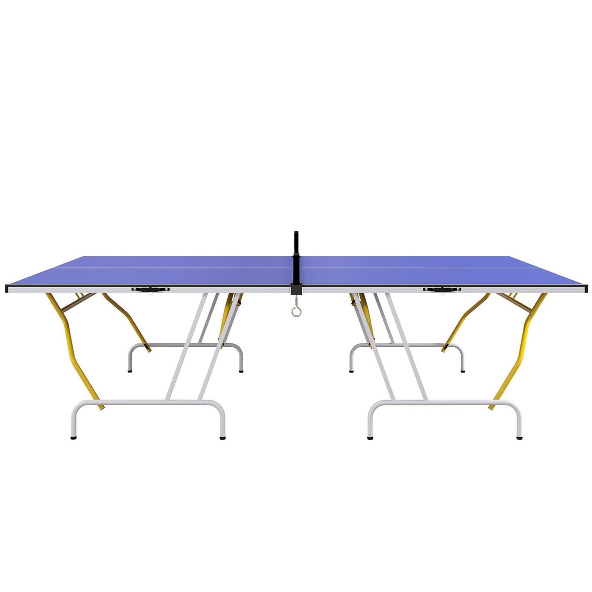 HOMCOM Table de ping pong pliable en 4 - dim. 274 x 152,5 x 76 cm - filet, 2 raquettes, 3 balles inclus - jaune blanc bleu