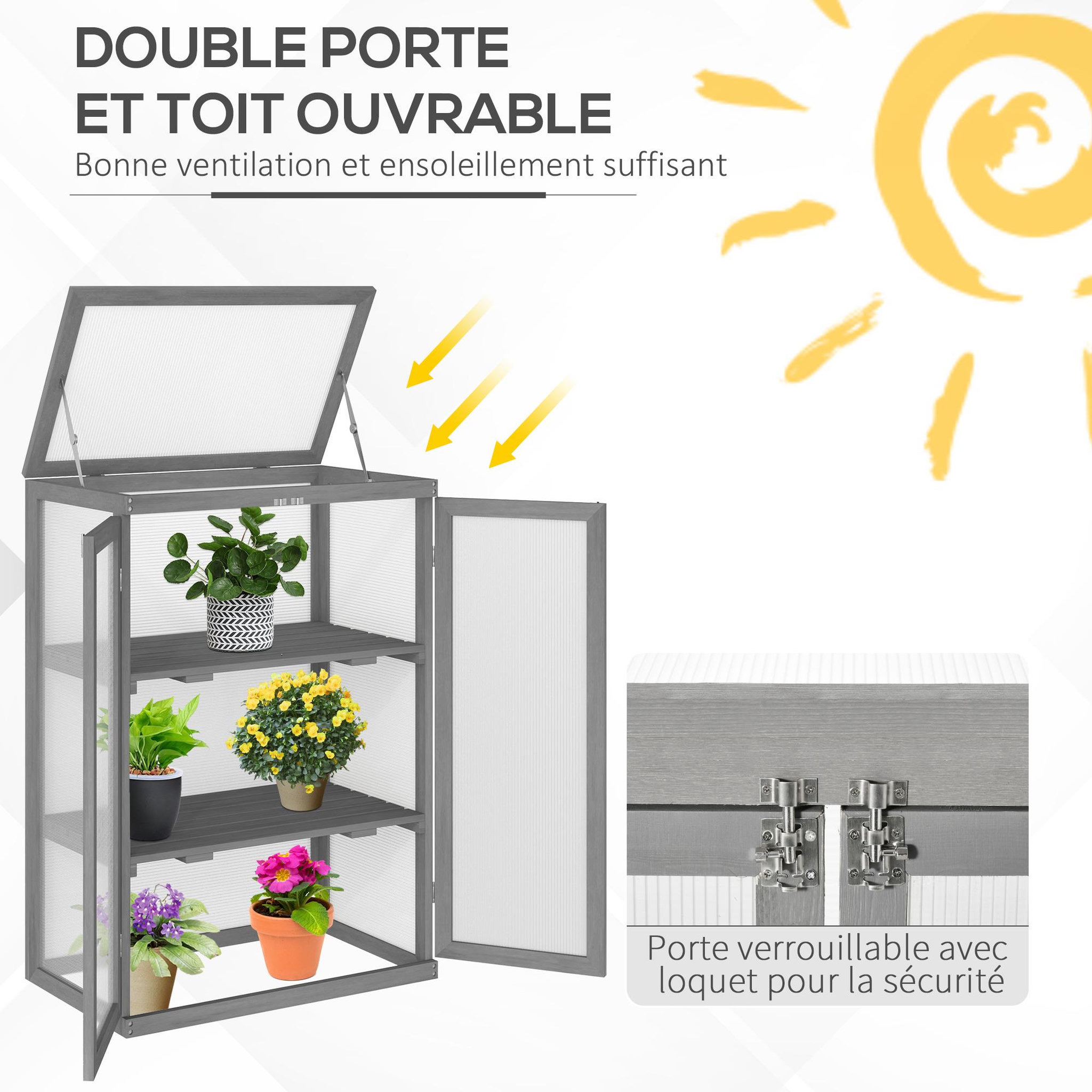 Voir la diapositive 5 : OUTSUNNY Mini serre de jardin 3 niveaux dim. 76L x 47l x 110H cm double porte toit ouvrant bois sapin lasuré gris polycarbonate