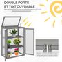 Voir la diapositive 5 : OUTSUNNY Mini serre de jardin 3 niveaux dim. 76L x 47l x 110H cm double porte toit ouvrant bois sapin lasuré gris polycarbonate