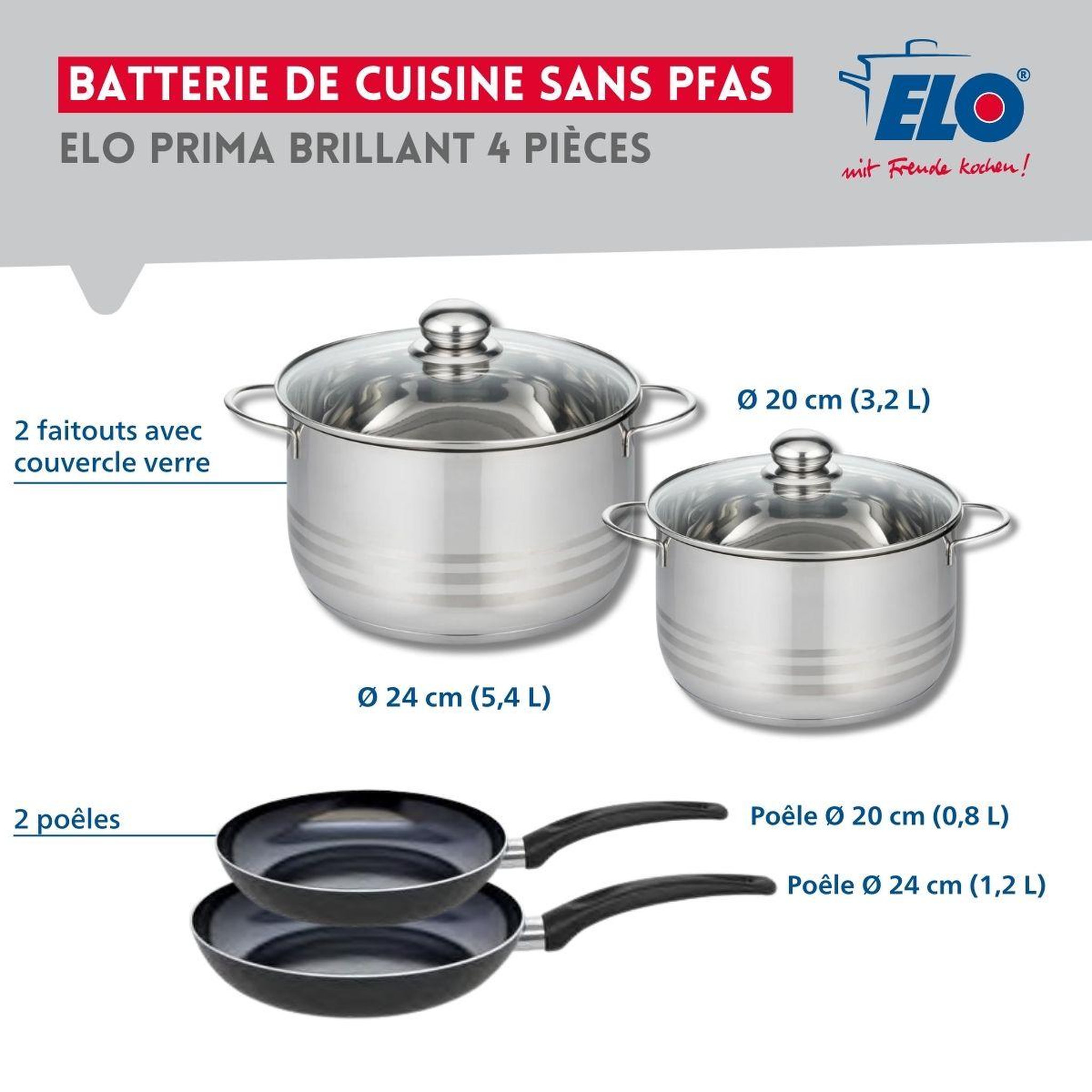 Voir la diapositive 2 : ELO Ensemble de 2 poêles de cuisson 20 et 24 cm et 2 faitouts 20 et 24 cm elo prima brillant