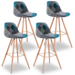 ID MARKET Lot de 4 tabourets de bar SARA motifs patchworks bleus