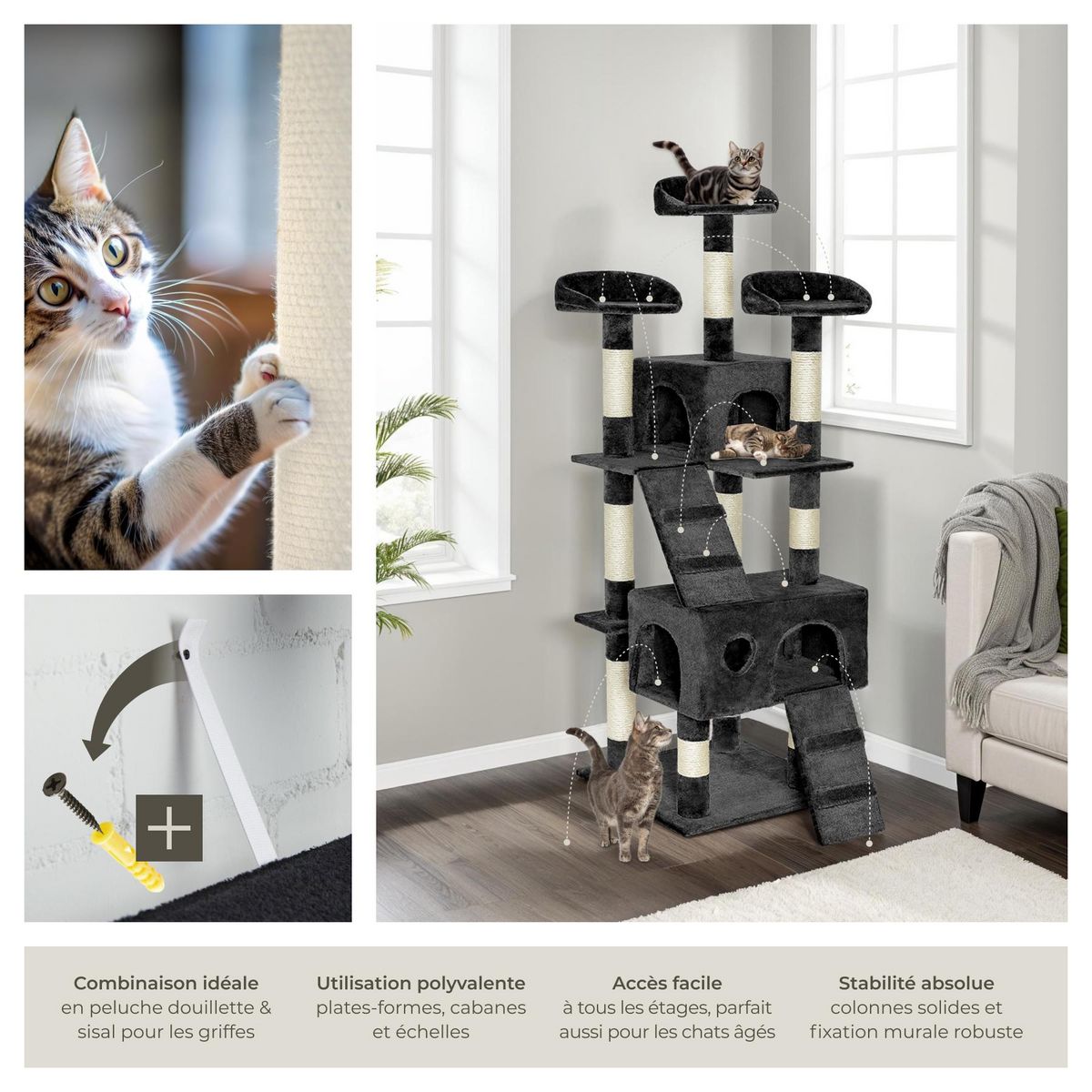 tectake Arbre à chat 170 cm avec griffoir et plateforme d'escalade noir