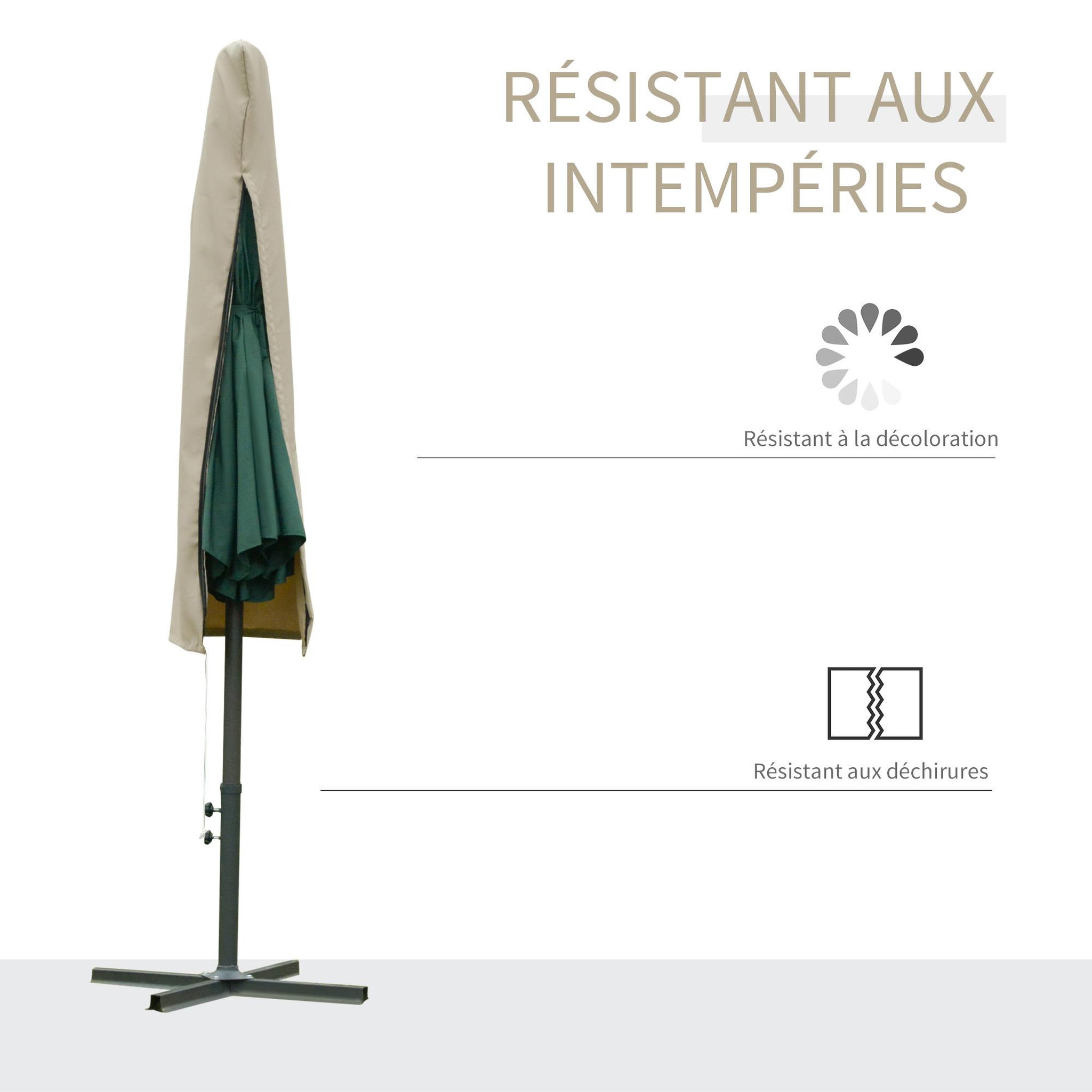 Voir la diapositive 5 : OUTSUNNY Housse de protection imperméable pour parasol droit avec fermeture éclair et cordon de serrage polyester oxford kaki léger