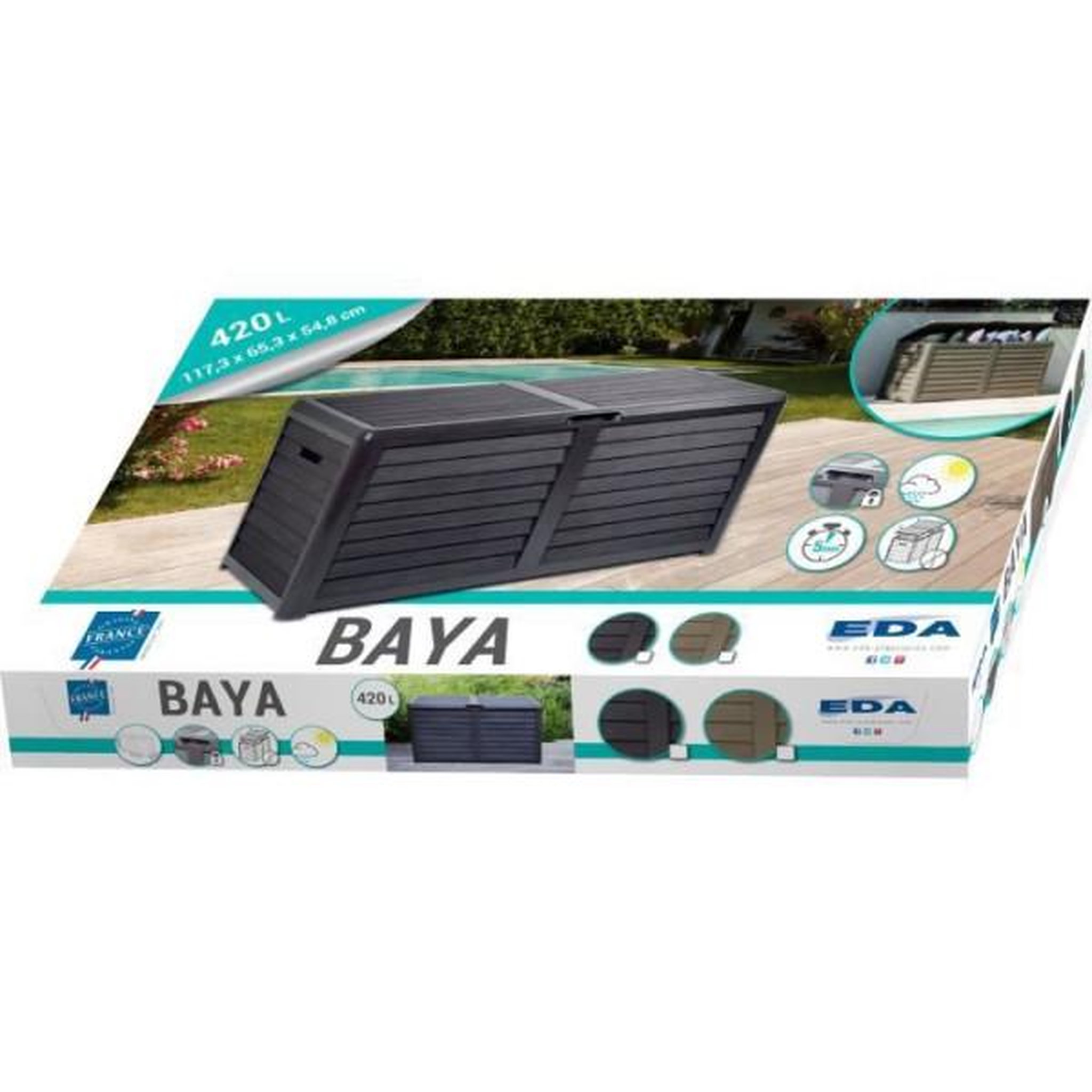 Voir la diapositive 6 : EDA PLASTIQUE EDA Coffre de jardin BAYA en Plastique 420 litres - Décor imitation bois - Gris anthracite - Fabriqué en France