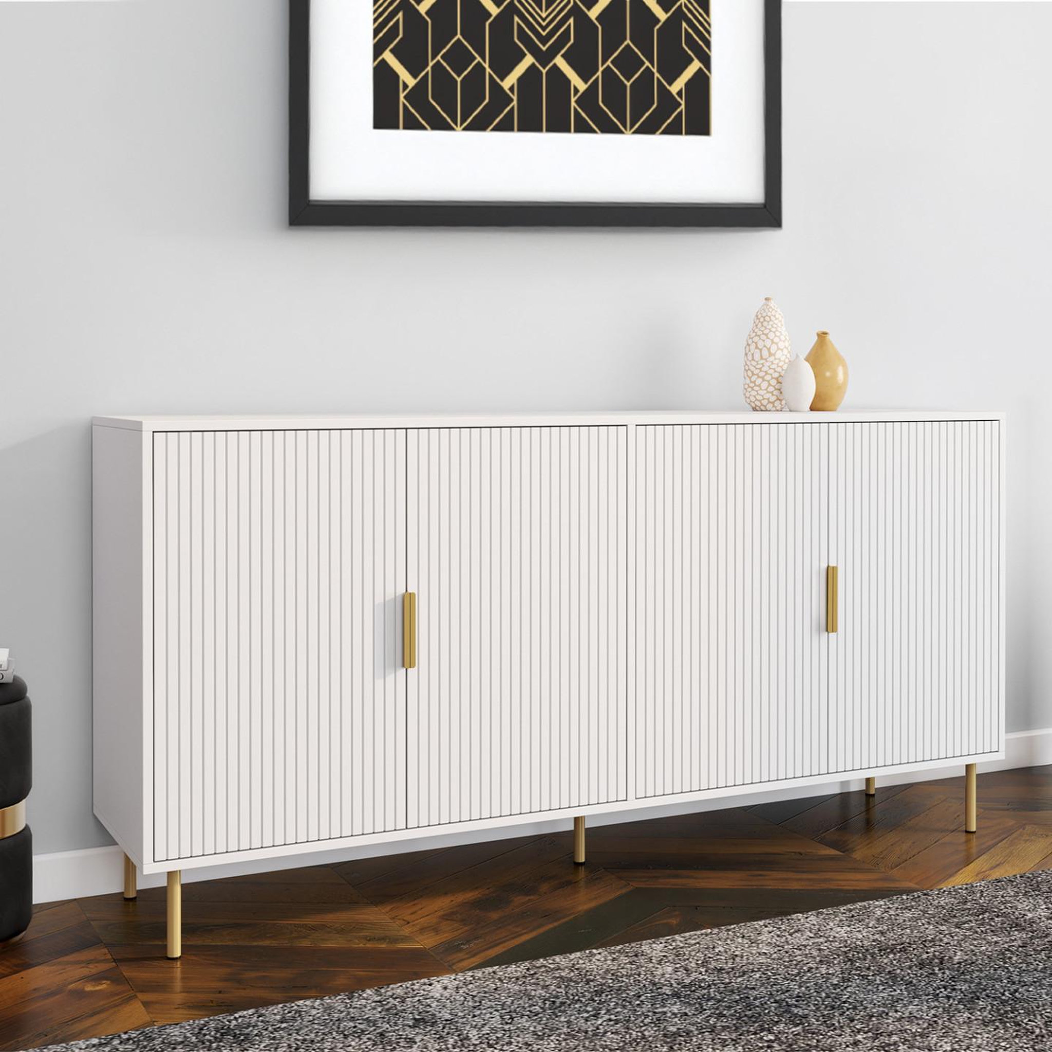 Voir la diapositive 2 : ID MARKET Buffet 160 cm marcel 4 portes blanc effet lattes et finitions dorées