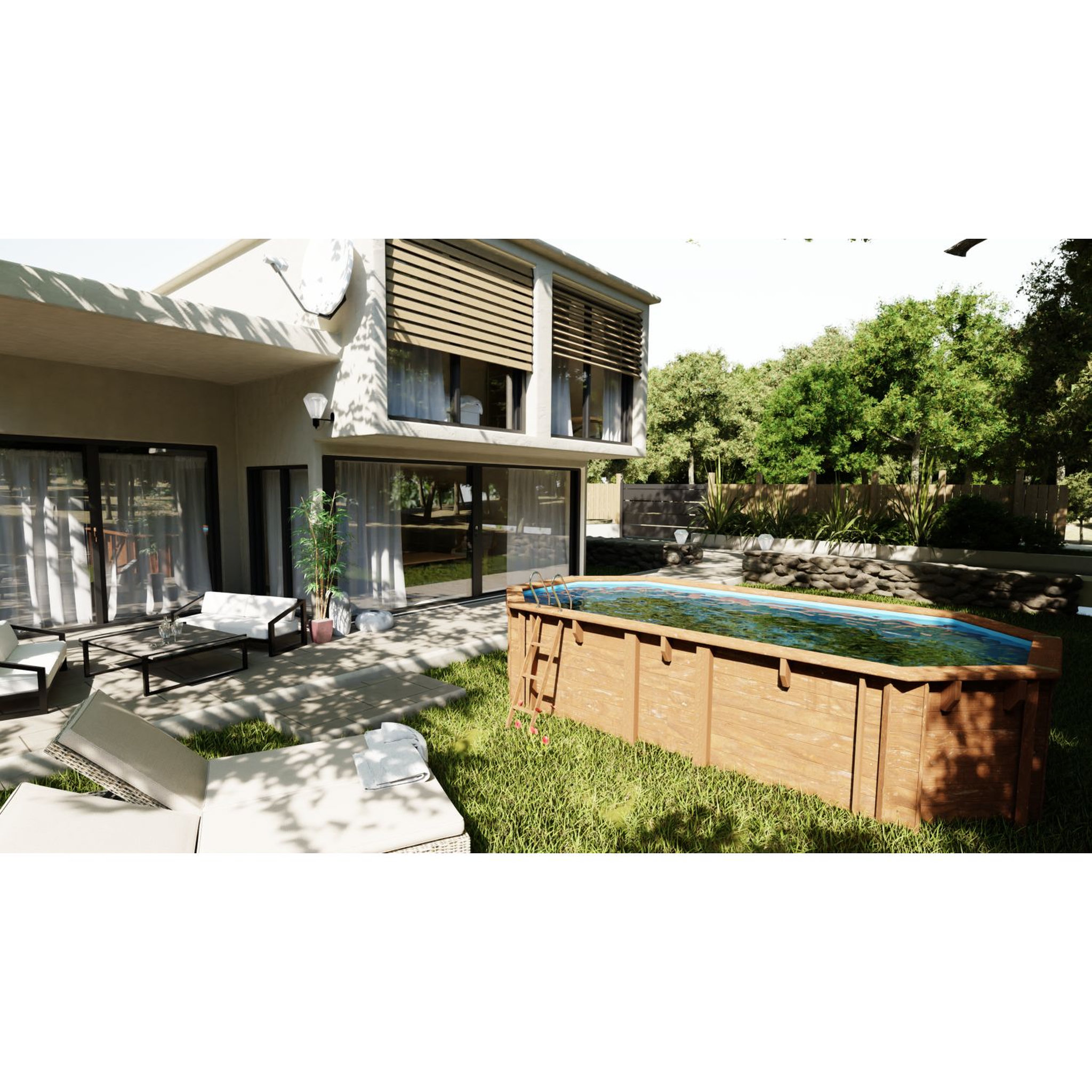 Voir la diapositive 3 : GRE Piscine hors sol bois ovale - 672x472x146cm - VERMELA