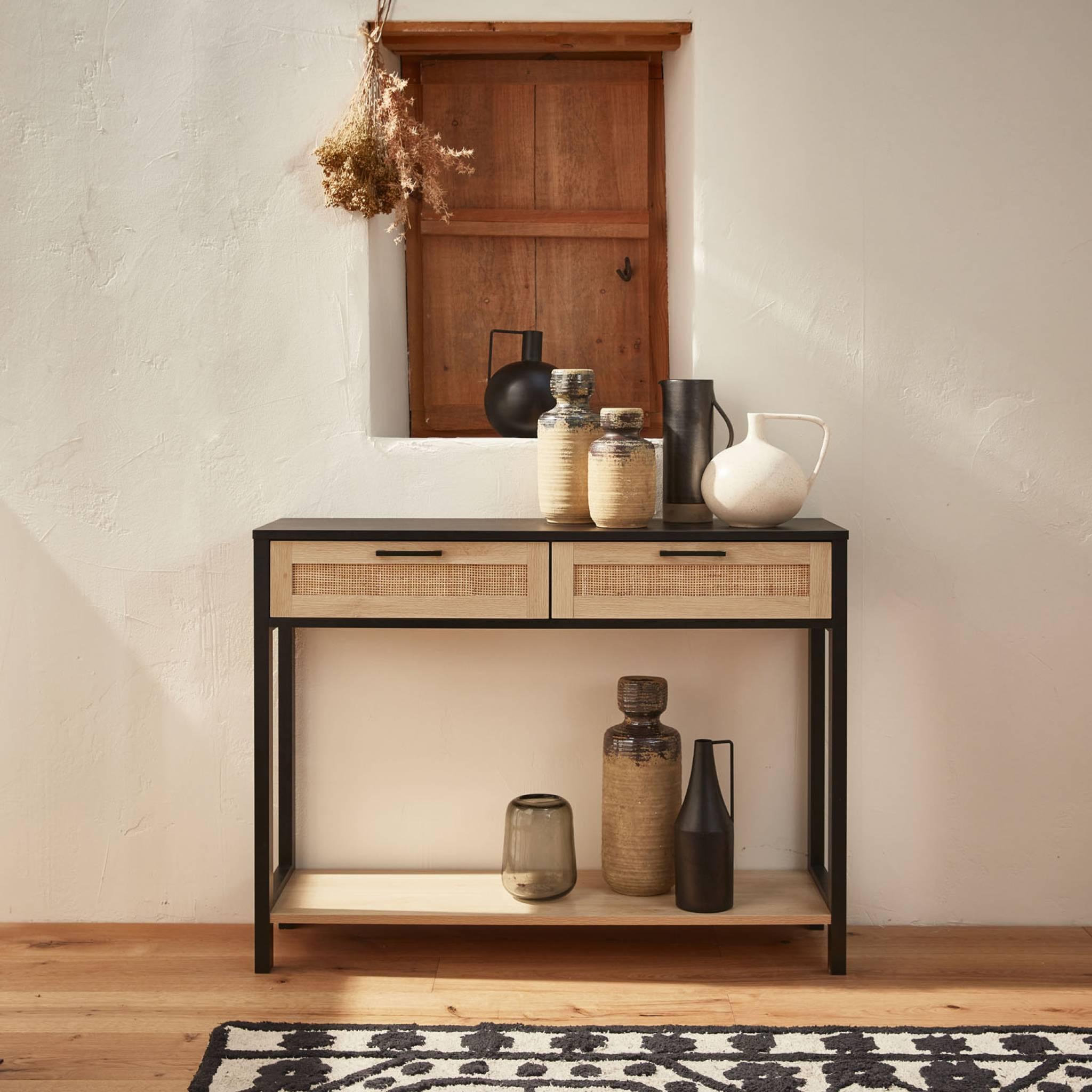 Voir la diapositive 2 : SWEEEK Console décor bois noir et cannage 100 x 30 x 75cm - Bianca - 2 tiroirs - 1 étagère