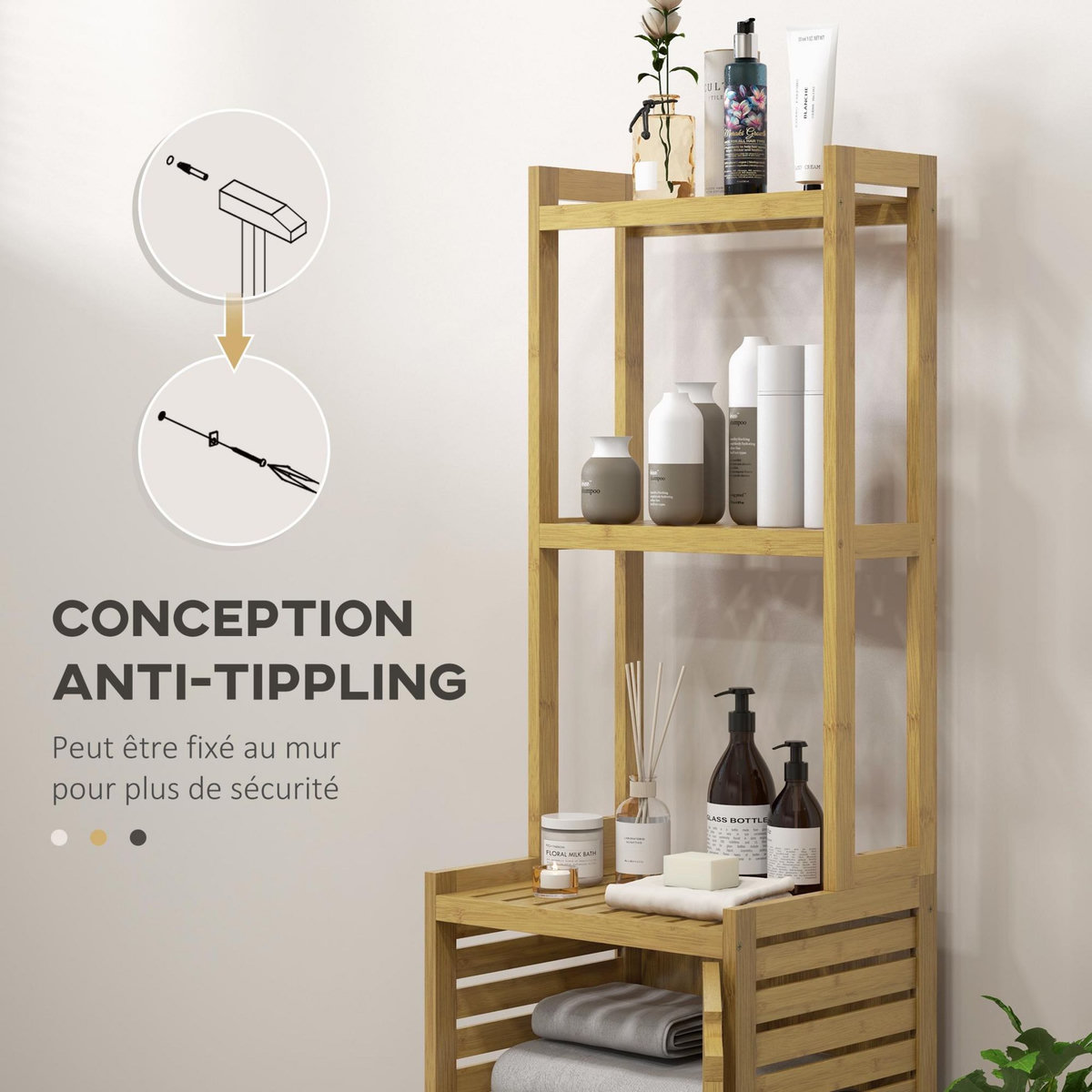 HOMCOM Meuble colonne salle de bain style naturel porte niche 4 étagères bambou