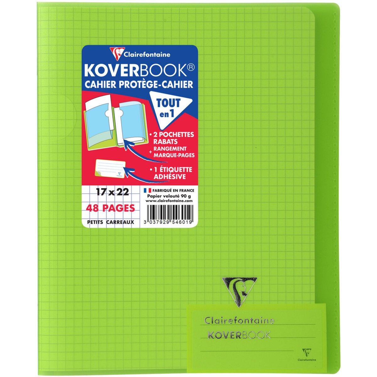 CLAIREFONTAINE Cahier piqué polypro Koverbook 17x22cm 48 pages petits carreaux 5x5 translucide vert