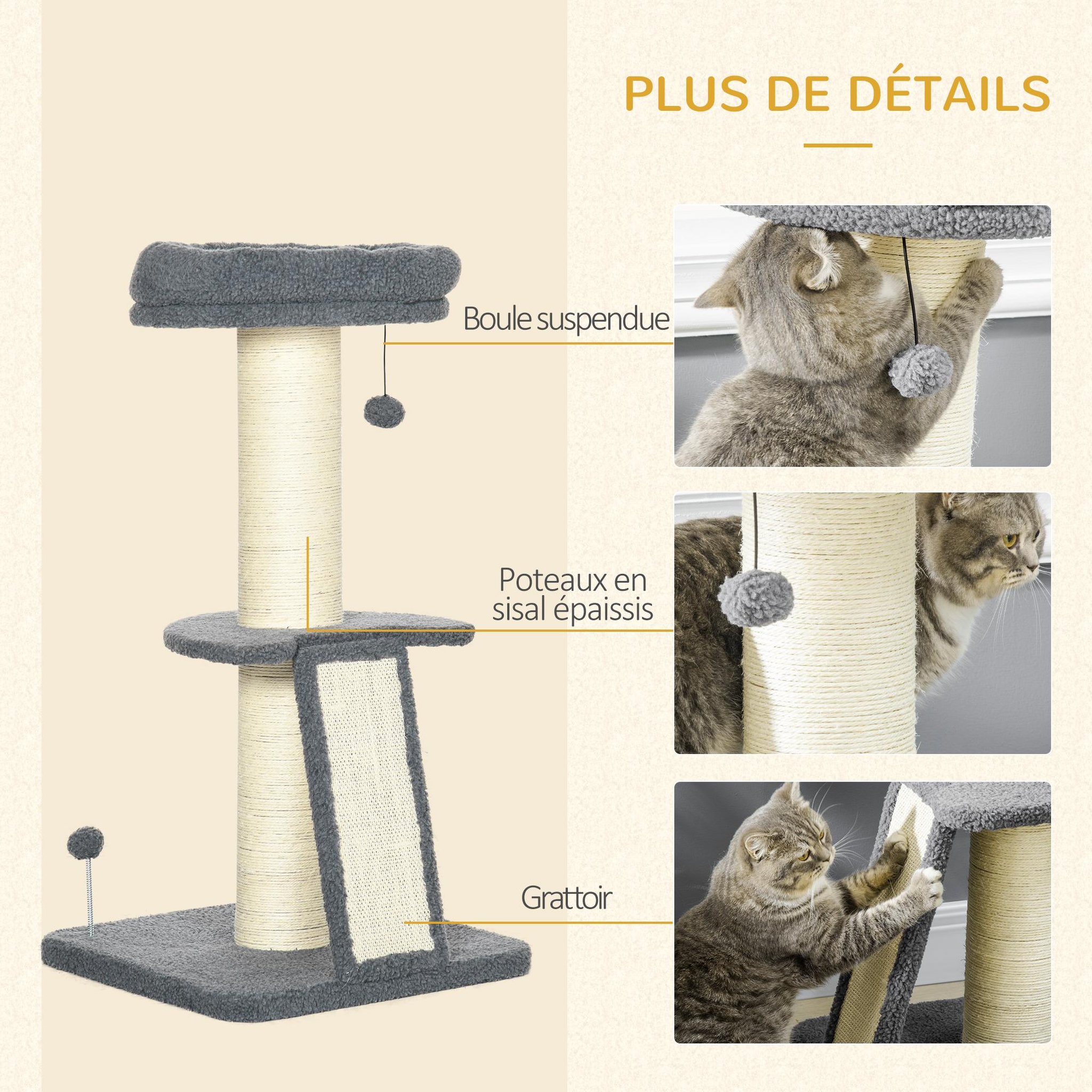 Voir la diapositive 5 : PAWHUT Arbre à chat 3 griffoirs grattoirs sisal naturel plateforme panier 2 boules suspendues peluche haute densité 220 g/m² gris