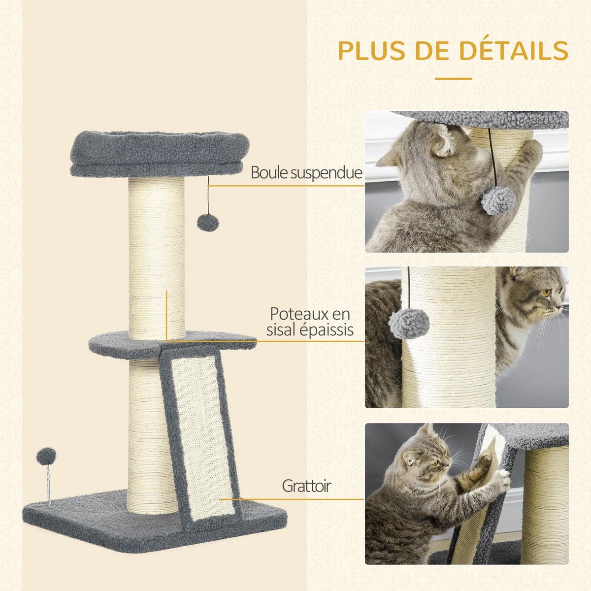 PAWHUT Arbre à chat 3 griffoirs grattoirs sisal naturel plateforme panier 2 boules suspendues peluche haute densité 220 g/m² gris
