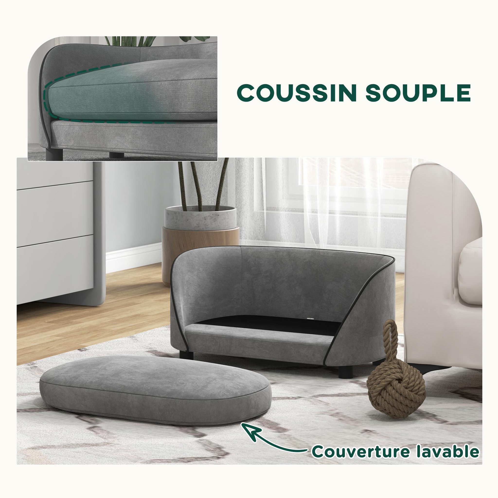 Voir la diapositive 5 : PAWHUT Canapé pour chien design - coussin déhoussable - dim. 67L x 43l x 31H cm - velours gris