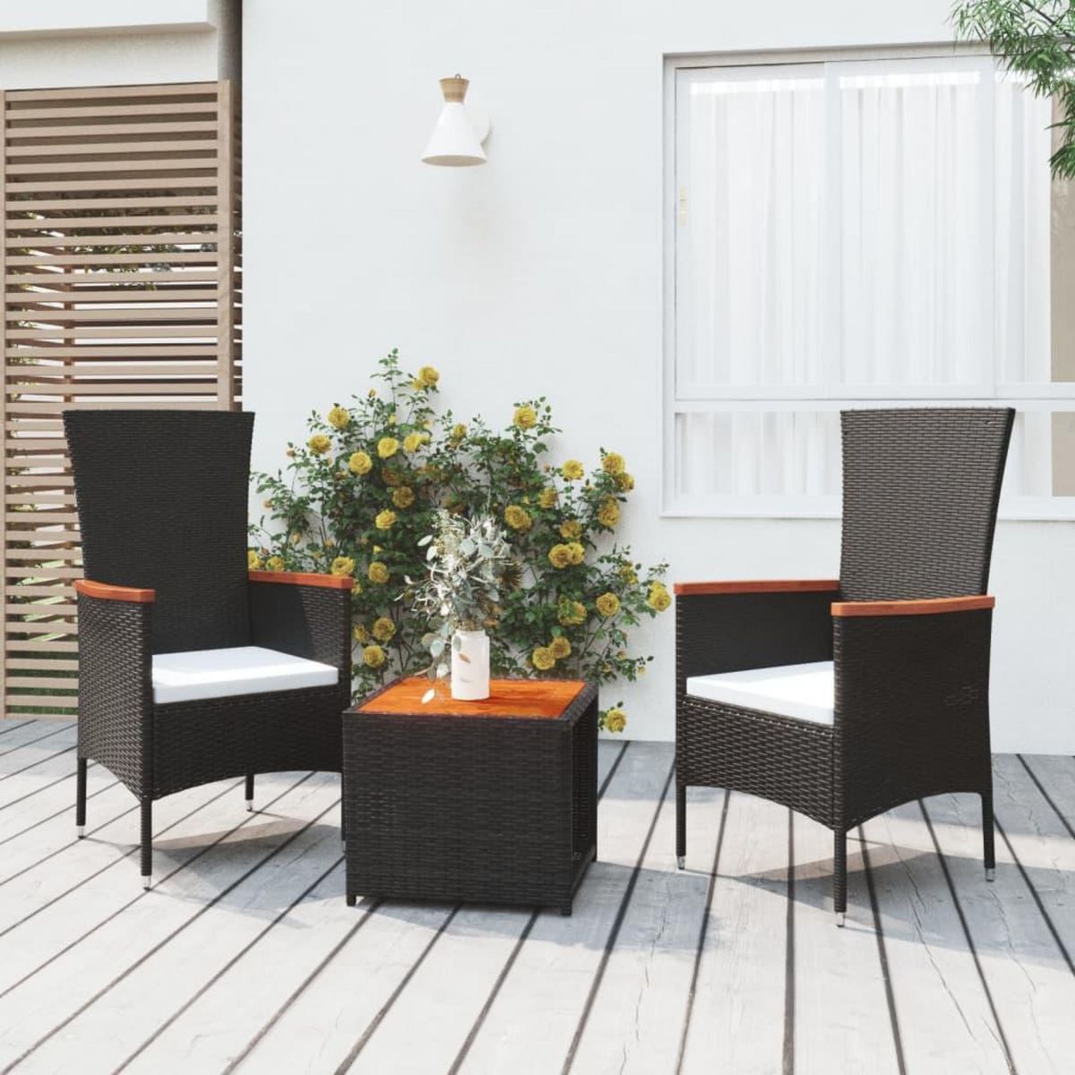 VIDAXL Ensemble de salon de jardin 3 pcs noir poly rotin et acacia