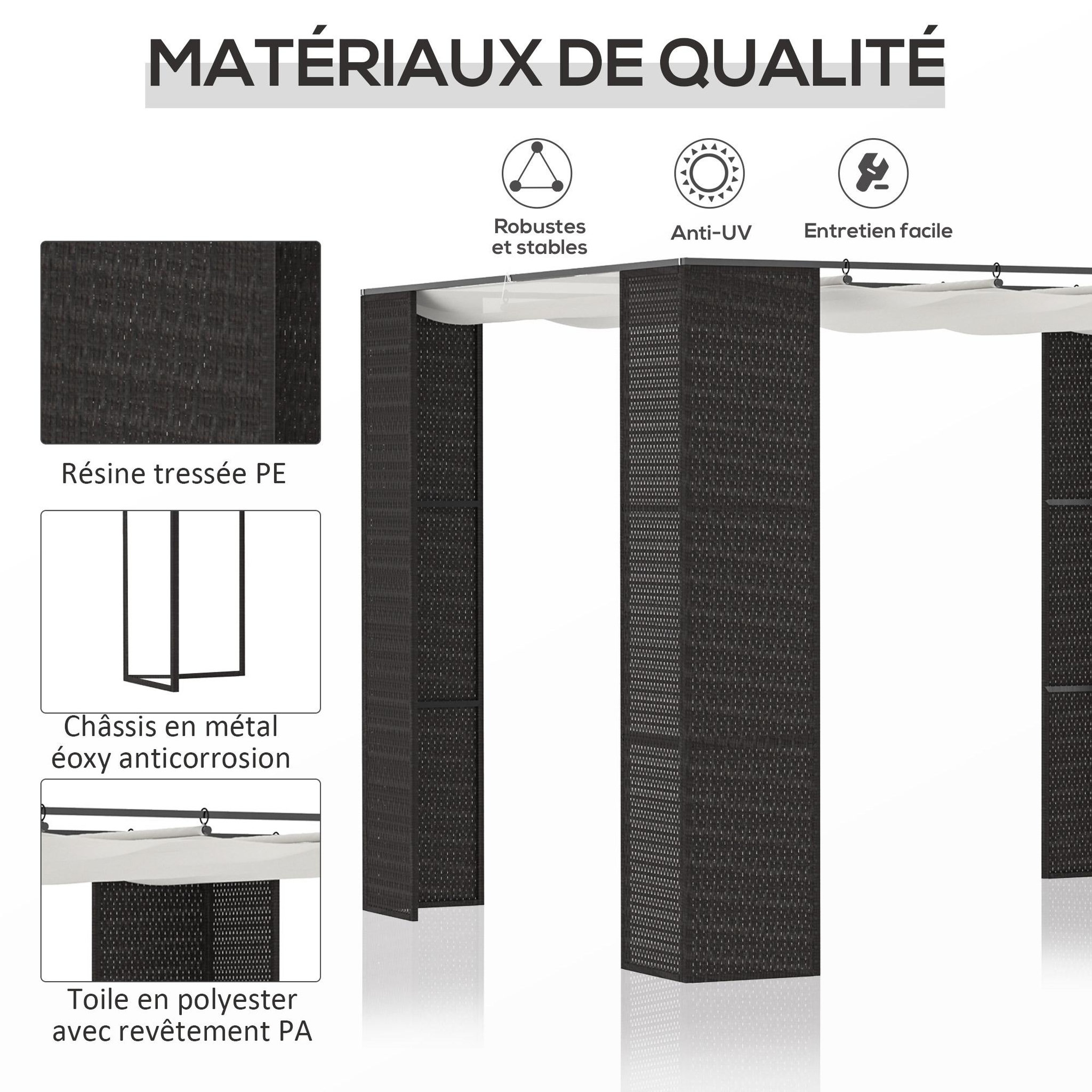 Voir la diapositive 5 : OUTSUNNY Pergola rétractable style colonial dim. 2,98L x 2,98l x 2H m métal époxy anticorrosion résine tressée noire toile polyester haute densité 180 g/m² crème