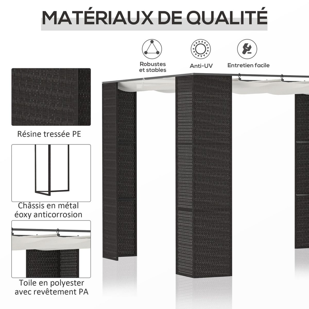 OUTSUNNY Pergola rétractable style colonial dim. 2,98L x 2,98l x 2H m métal époxy anticorrosion résine tressée noire toile polyester haute densité 180 g/m² crème