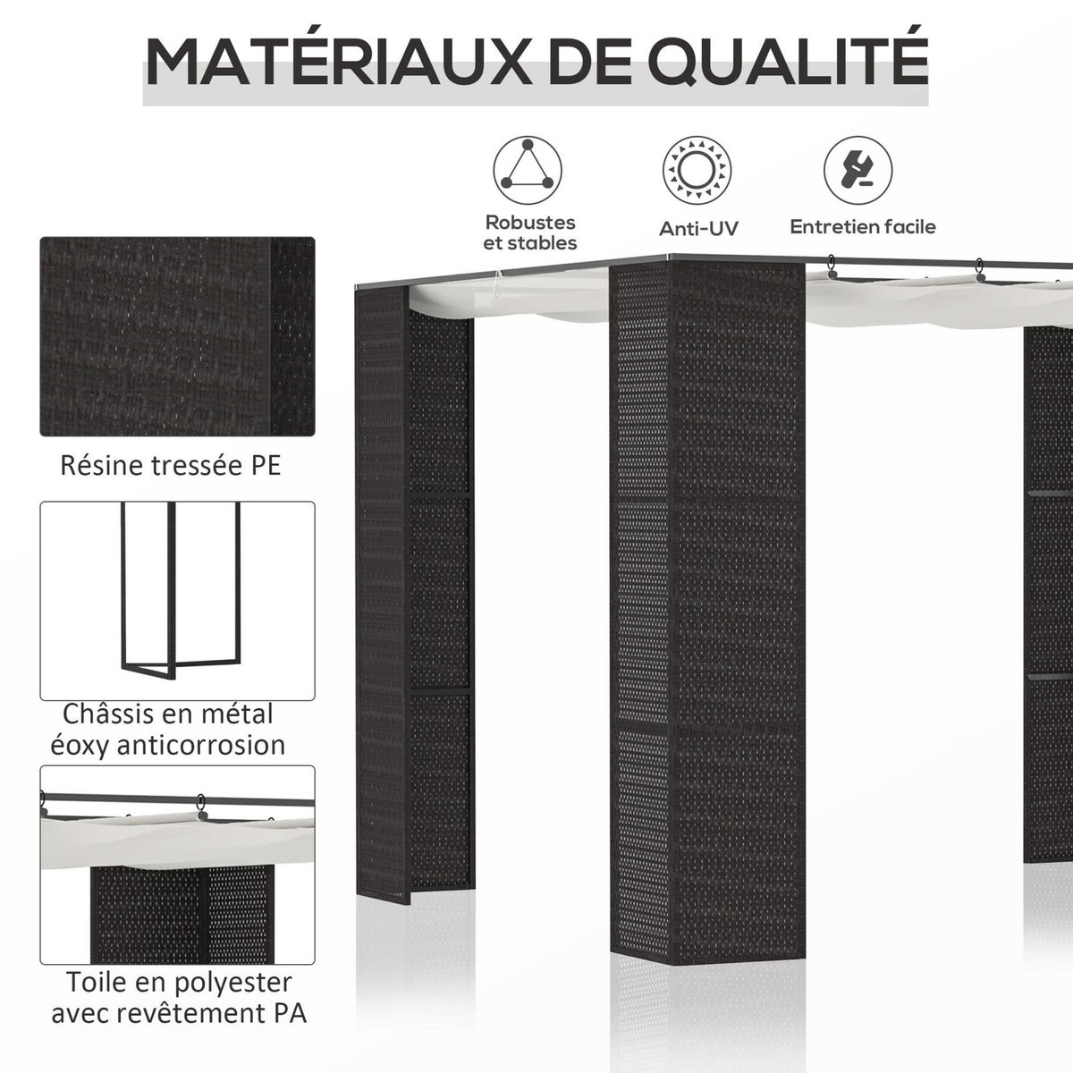 OUTSUNNY Pergola rétractable style colonial dim. 2,98L x 2,98l x 2H m métal époxy anticorrosion résine tressée noire toile polyester haute densité 180 g/m² crème