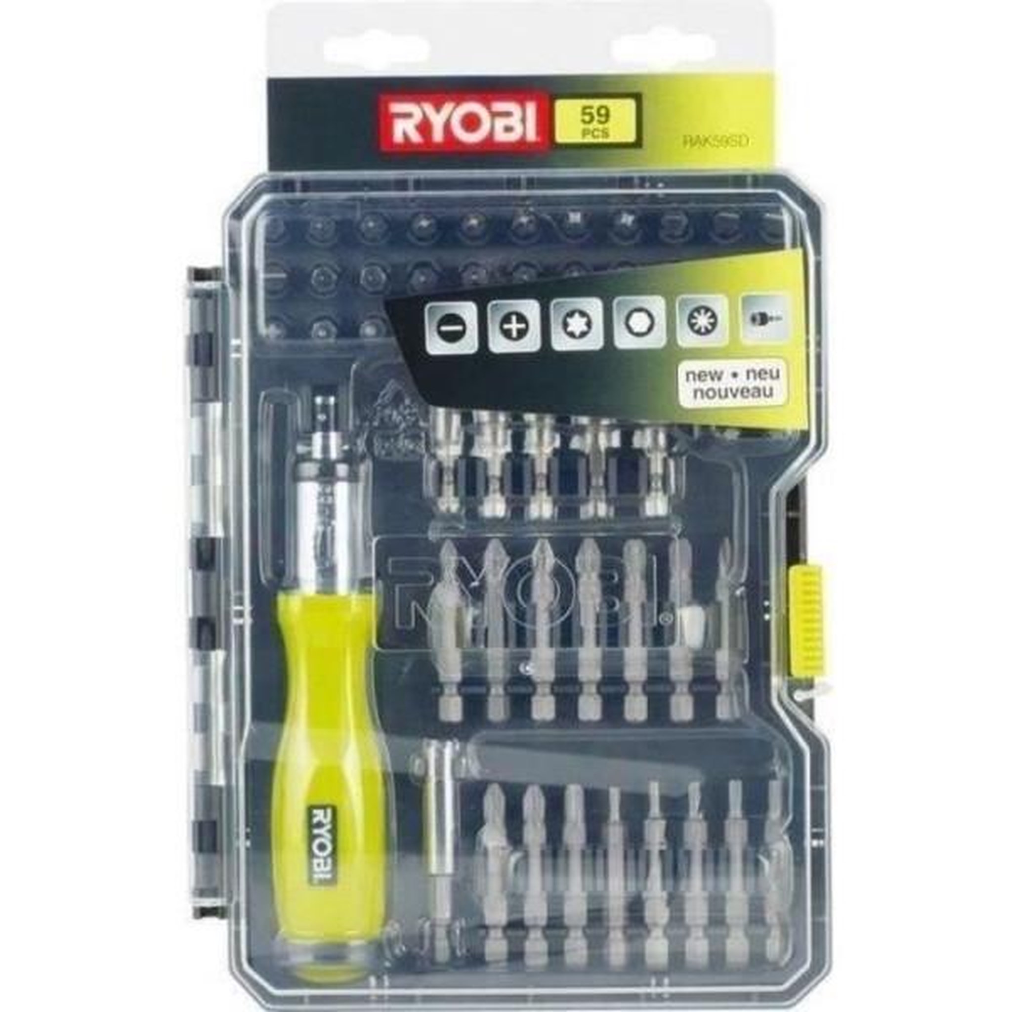 Ryobi RYOBI - Coffret 59 accessoires vissage - boulonnage PH / PZ / SL / HEX / TX avec tournevis a cliquet - RAK59SD
