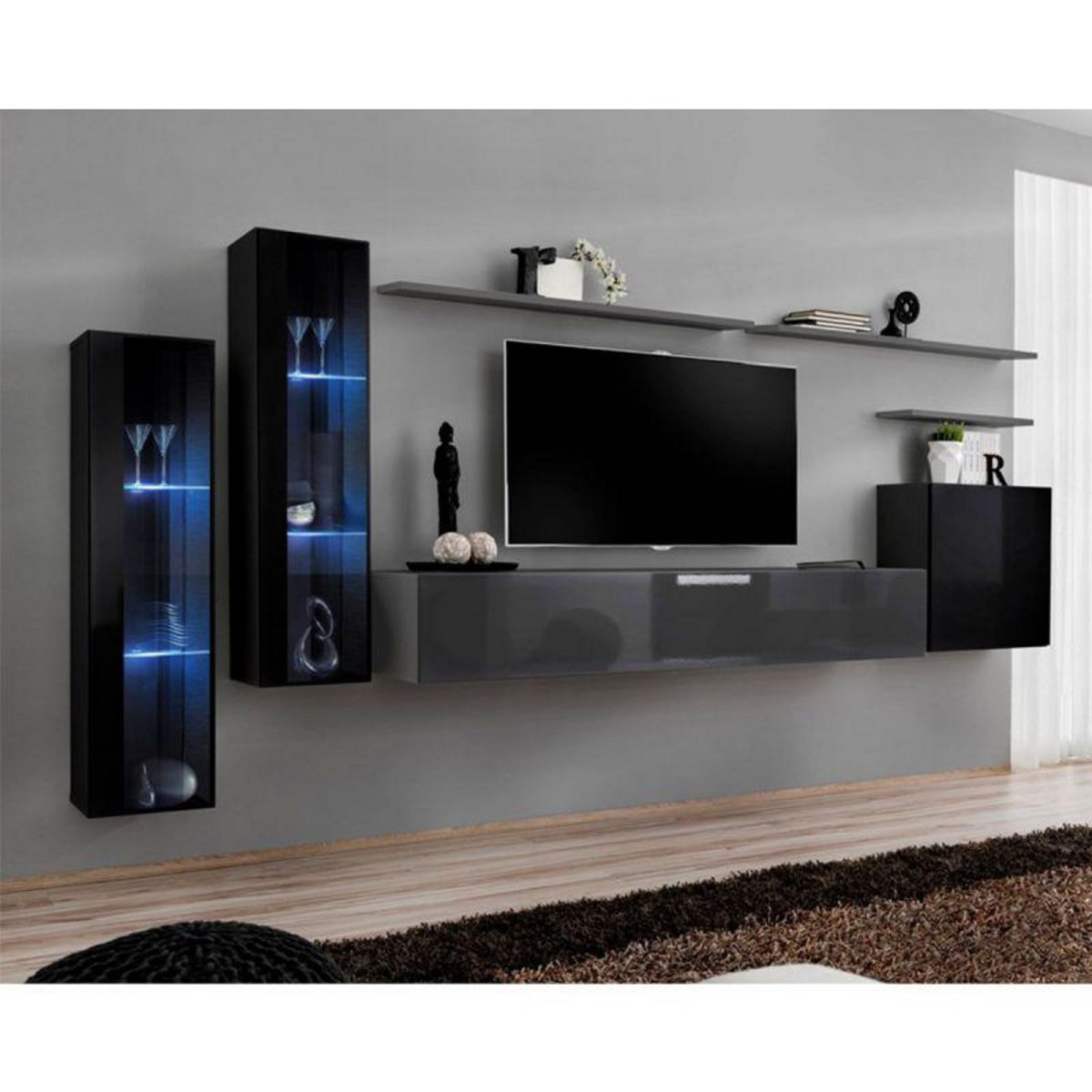 Paris Prix Meuble TV Mural Design  Switch XI  330cm Noir & Gris