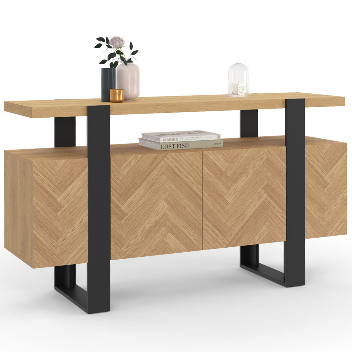 ID MARKET Buffet 140 cm CASSIUS 4 portes effet chevrons et noir