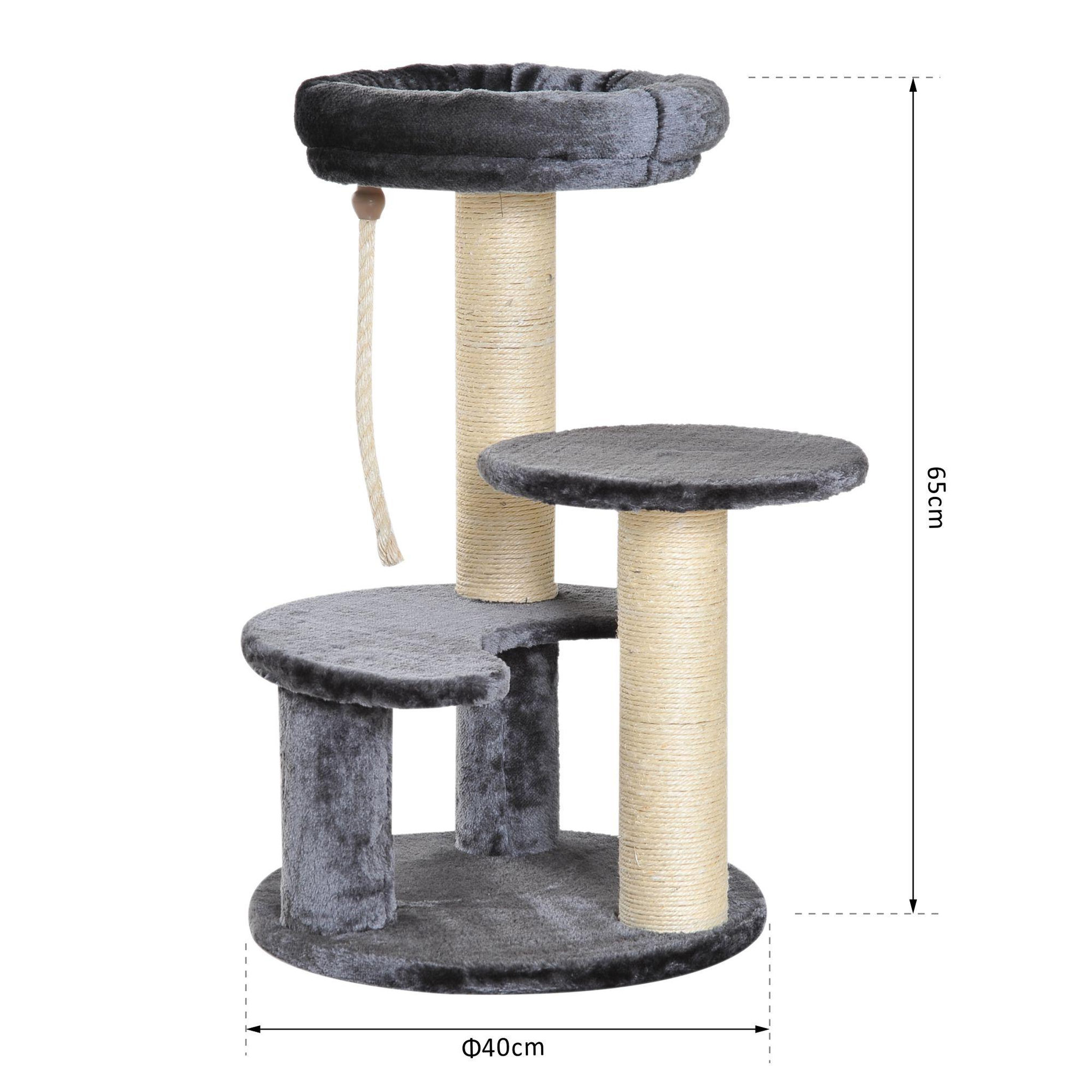 Voir la diapositive 3 : PAWHUT Arbre à chats 2 griffoirs grattoirs sisal naturel 3 plateformes corde à grimper dim. Ø 40 x 65h cm peluche haute densité 500 g/m² gris