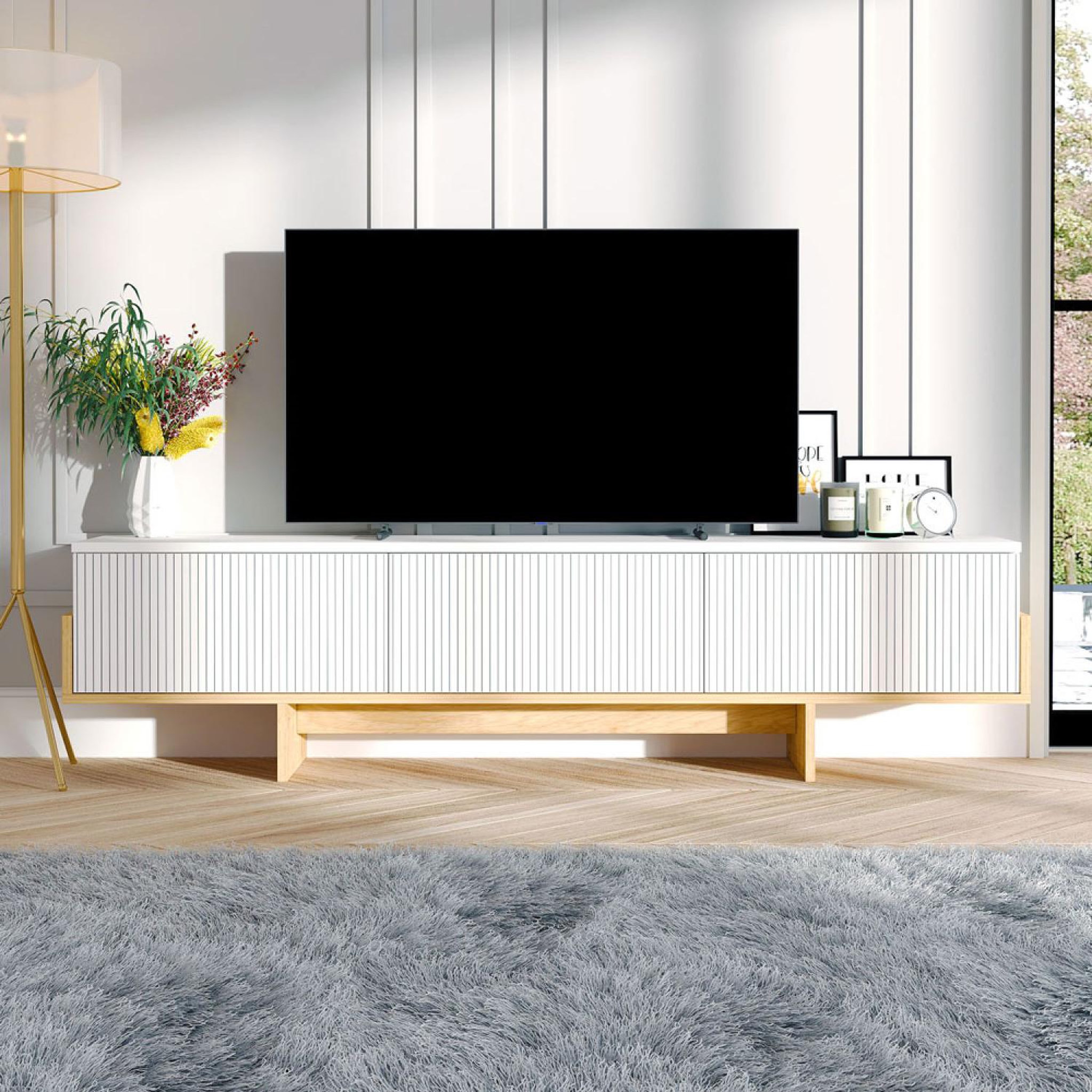 Voir la diapositive 2 : CONCEPT USINE Meuble tv avec placards blanc et bois 180cm wopi