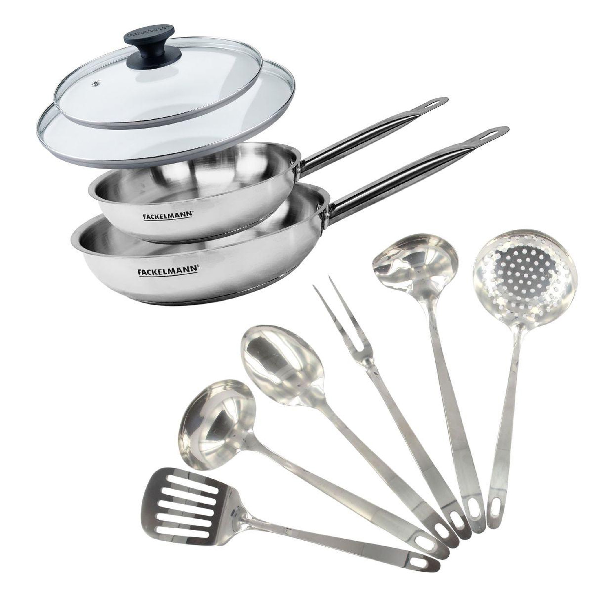 Fackelmann Set de 2 poêles 24 et 28 cm en inox, 2 couvercles verre et 6 ustensiles inox fackelmann eterna
