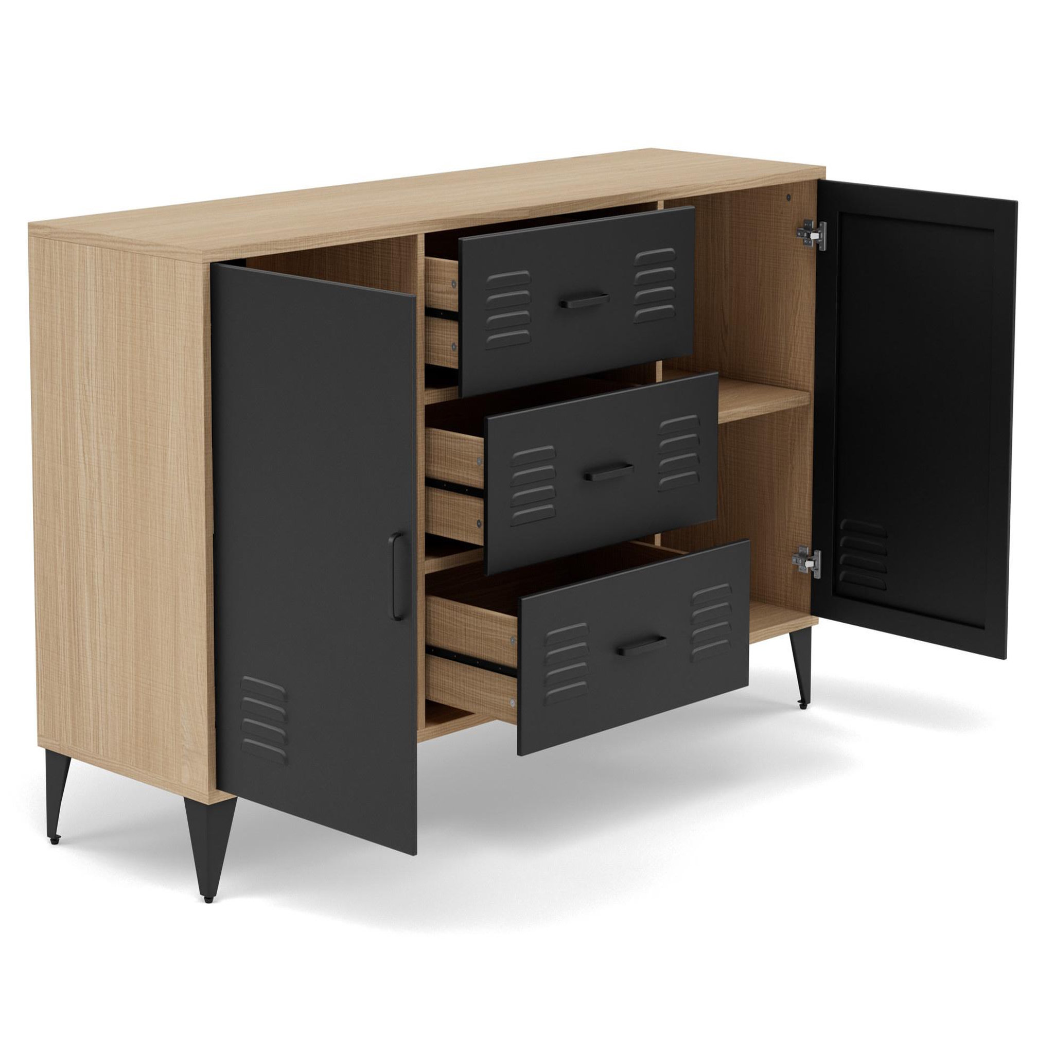 Voir la diapositive 3 : BEST MOBILIER Tribeca - buffet bas - effet bois et métal noir - 3 tiroirs et 2 portes - 140 cm