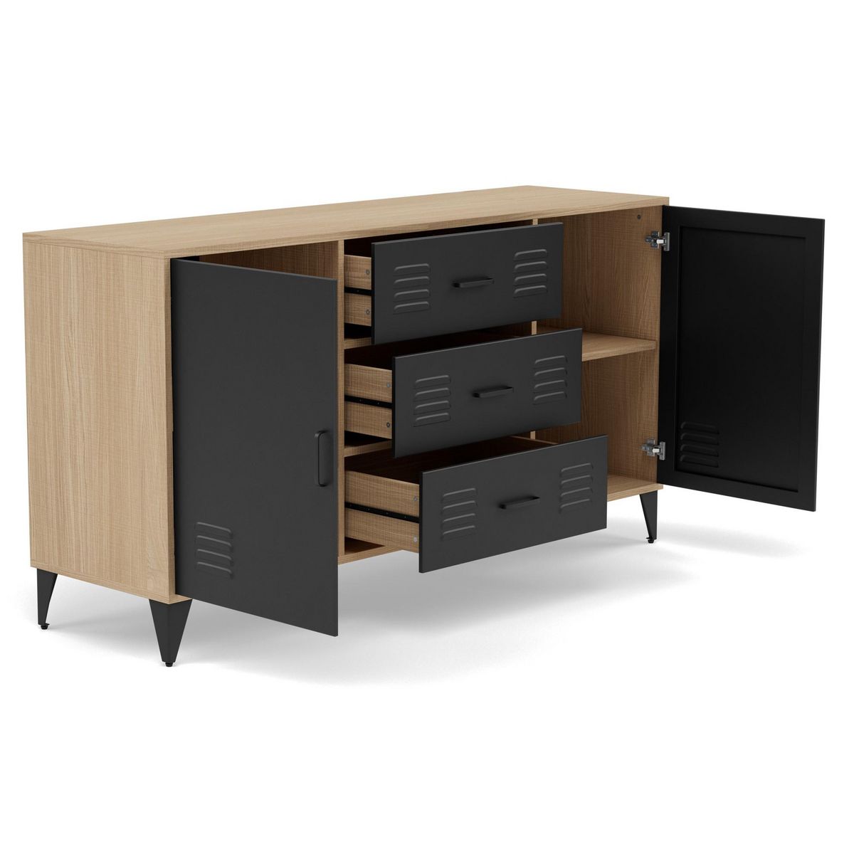 BEST MOBILIER Tribeca - buffet bas - effet bois et métal noir - 3 tiroirs et 2 portes - 140 cm