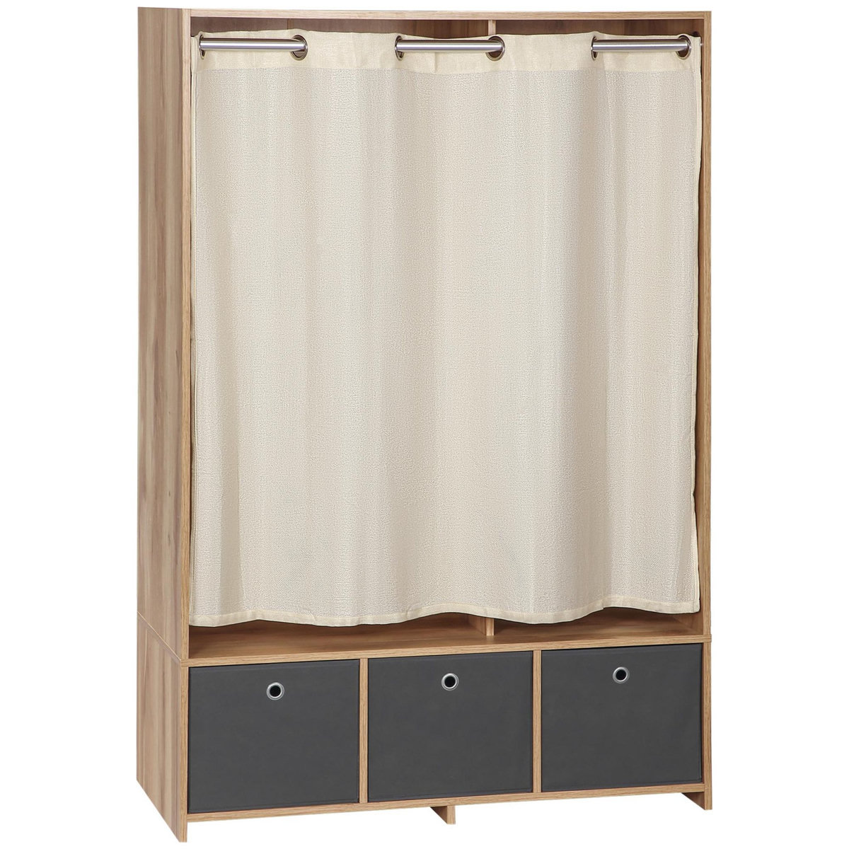 HOMCOM Vestiaire d'entrée - barre de penderie, 3 niches, 3 tiroirs tissu, rideau - panneaux aspect chêne clair polyester gris lin beige