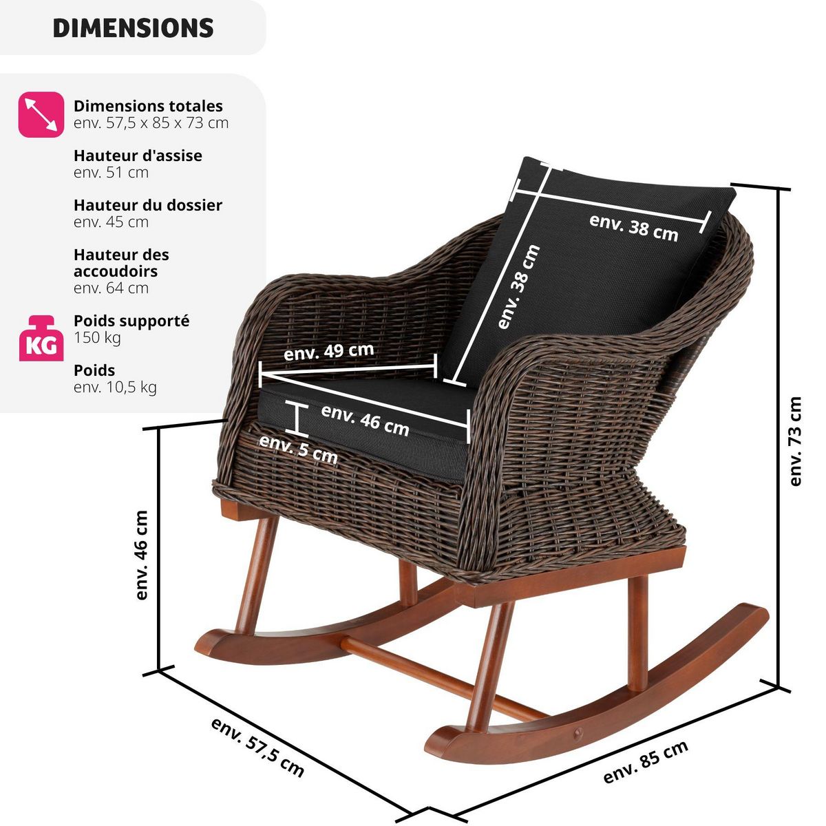 tectake Fauteuil à bascule en rotin tressage à l'aspect naturel avec cadre en aluminium marron