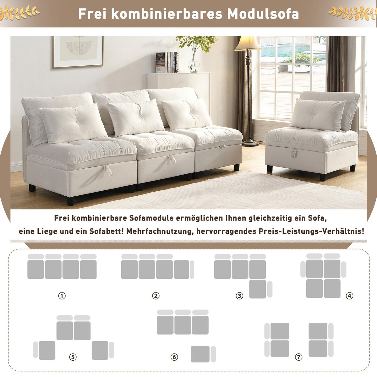 MERAX Canapé droit convertible 4 places tissu