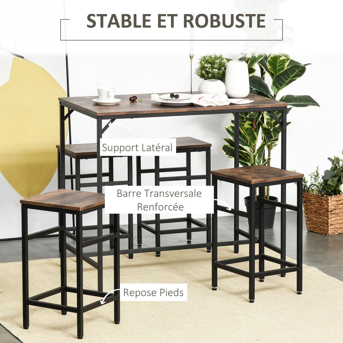 HOMCOM Ensemble table de bar 4 tabourets design industriel métal noir aspect bois