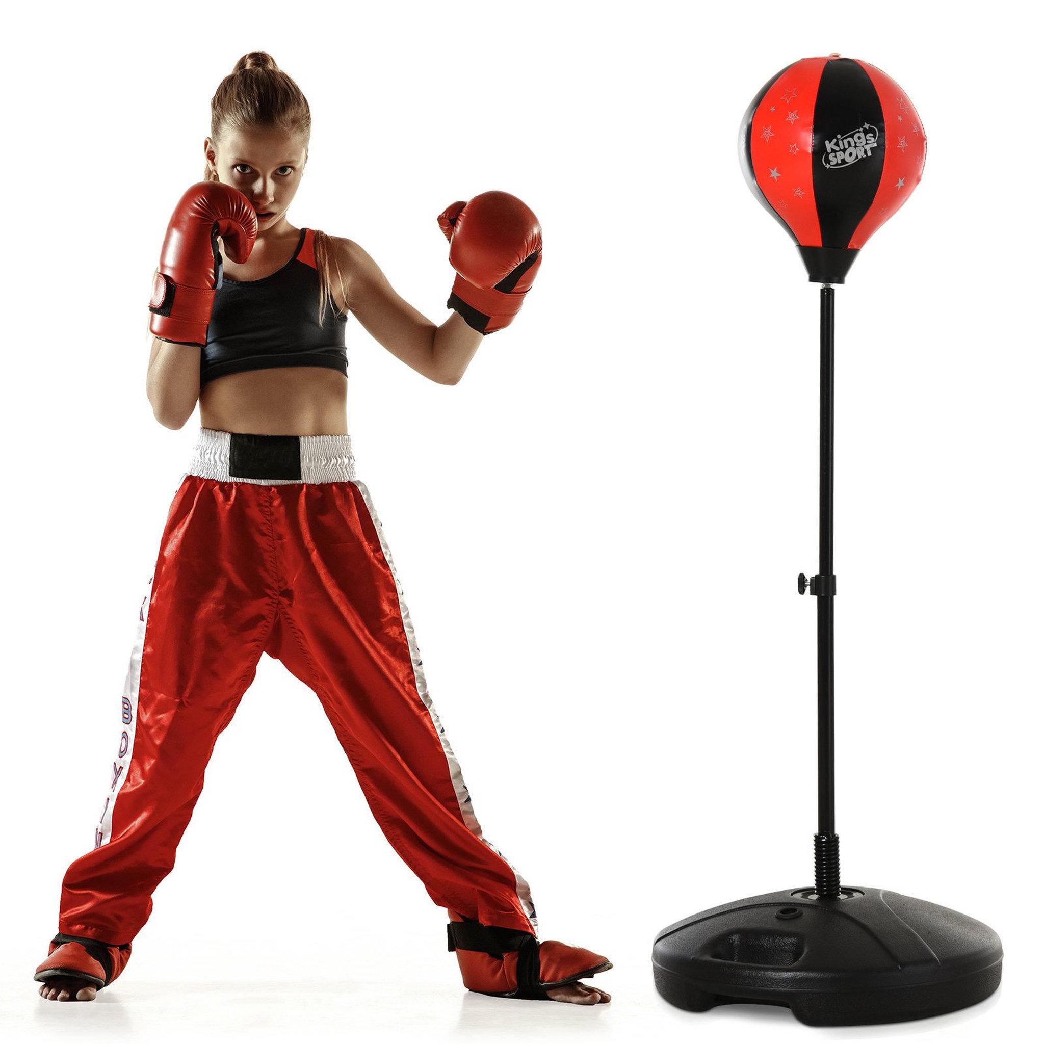 Voir la diapositive 1 : HOMCOM Punching ball sur pied pour enfant hauteur réglable 78-120 cm base de lestage paire gants inclus rouge noir