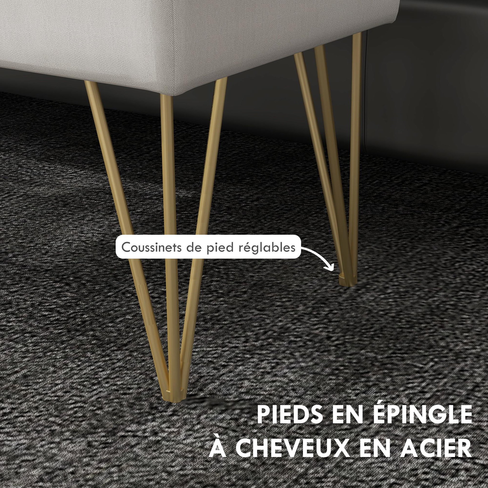 Voir la diapositive 6 : HOMCOM Banquette coffre de rangement 2 en 1 design art déco - piètement épingle acier doré tissu crème