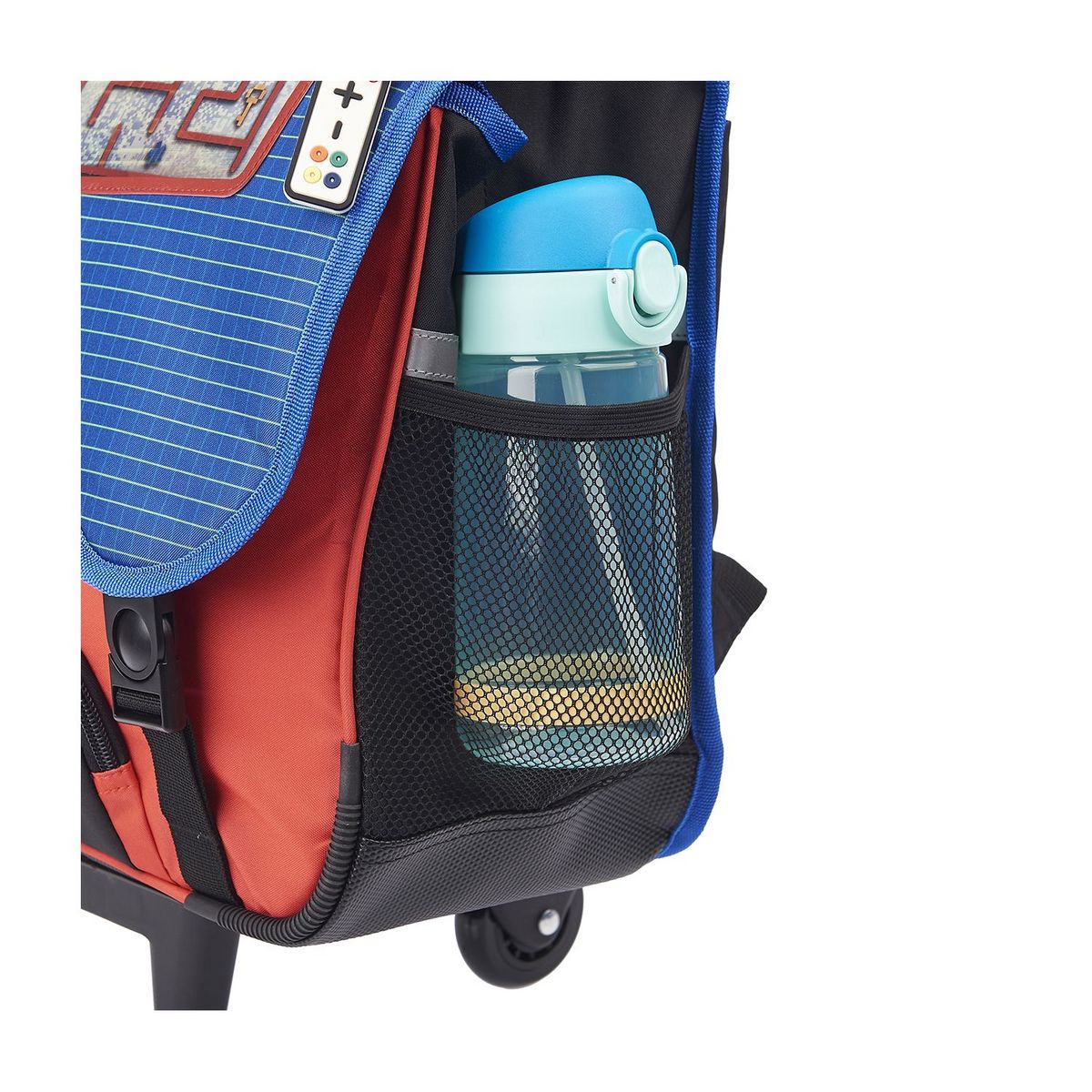 AUCHAN Cartable à roulettes 41 cm CM1/CM2 bleu rouge et noir avec breloque ACTIVE GAMER